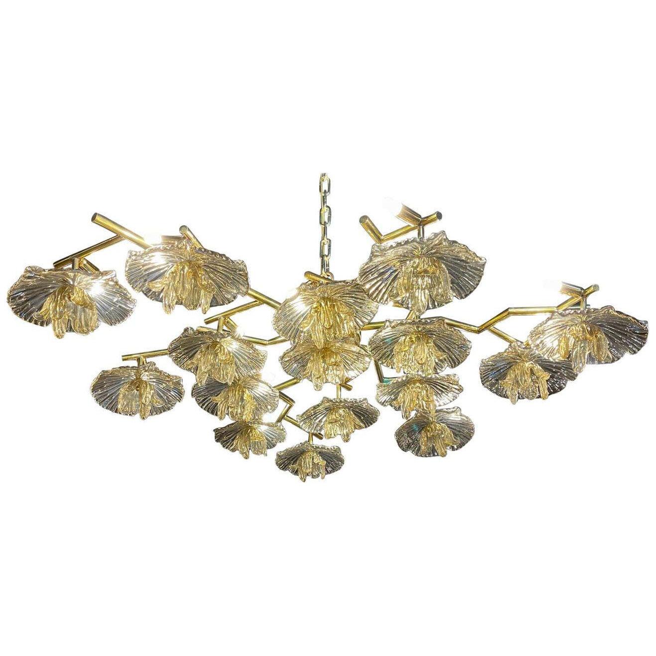 Murano Glass and Brass Flower Form Flush Mount Chandelier