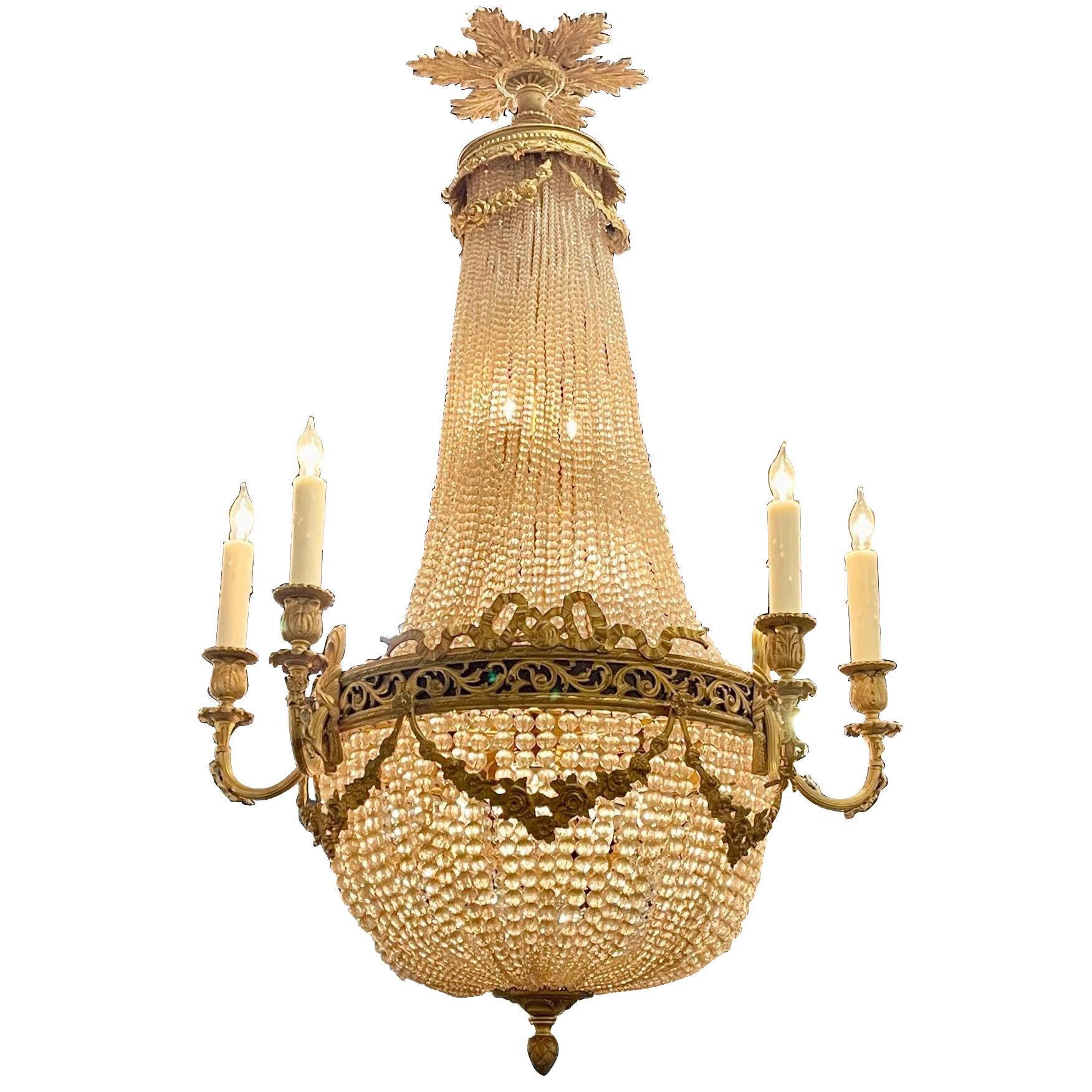 19th Century French Louis XVI Gilt Bronze and Beaded Basket Chandelier