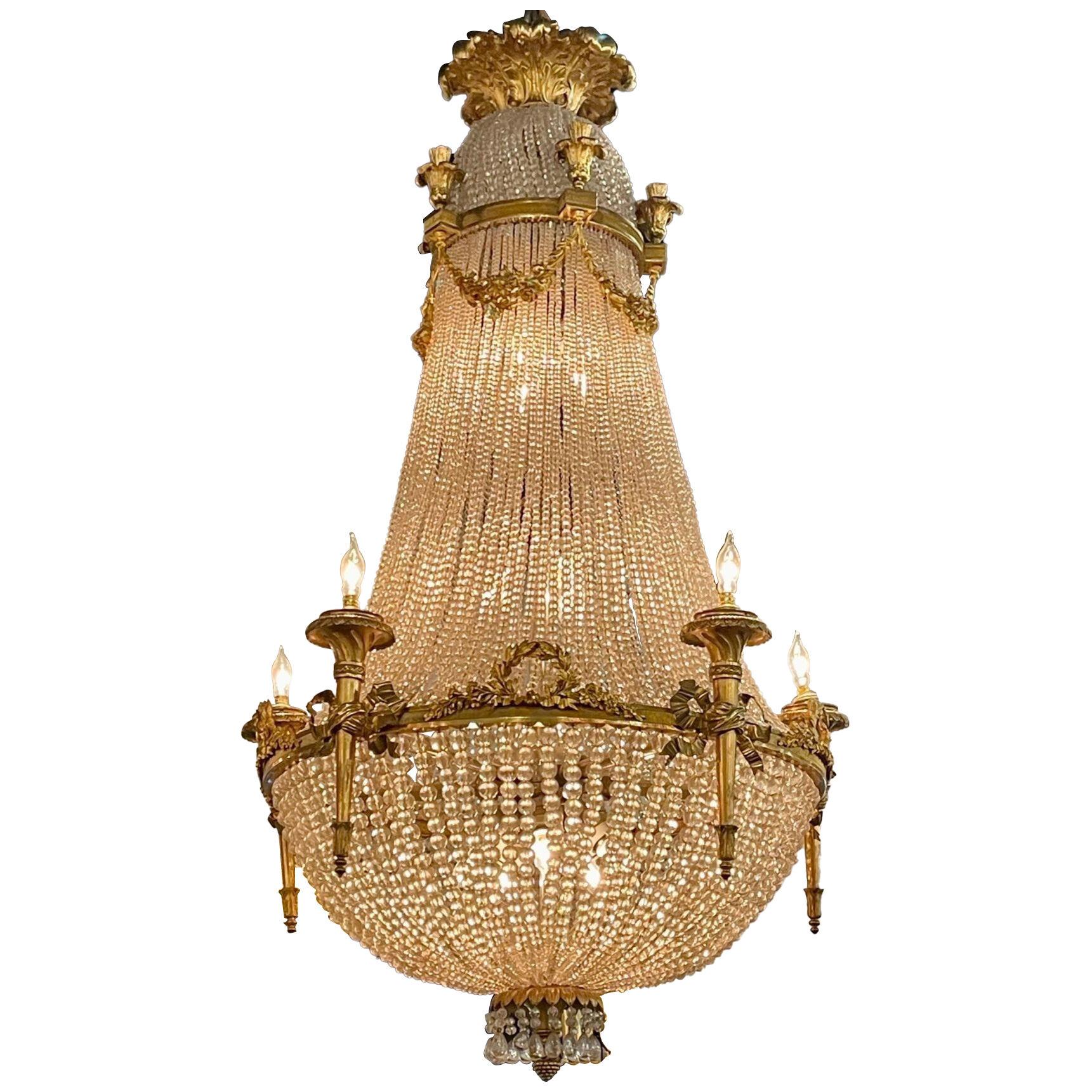 19th Century French Louis XVI Gilt Bronze and Beaded Basket Chandelier