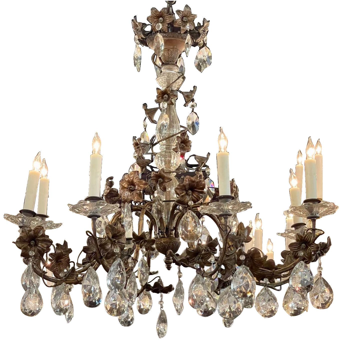 Early 20th Century Italian Antique Brass Flower and Crystal Chandelier