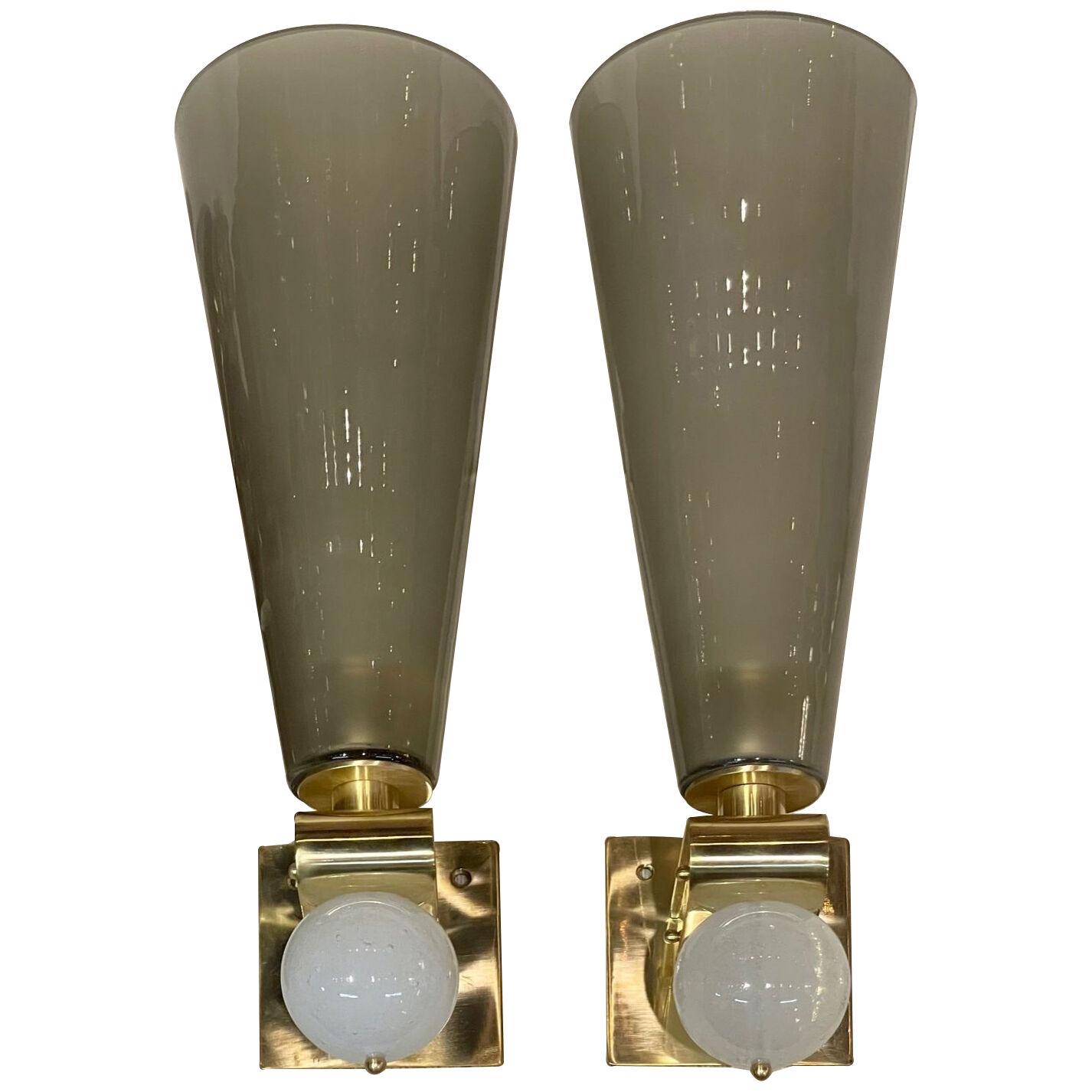 Pair of Modern Murano Glass and Brass Cone Form Sconces