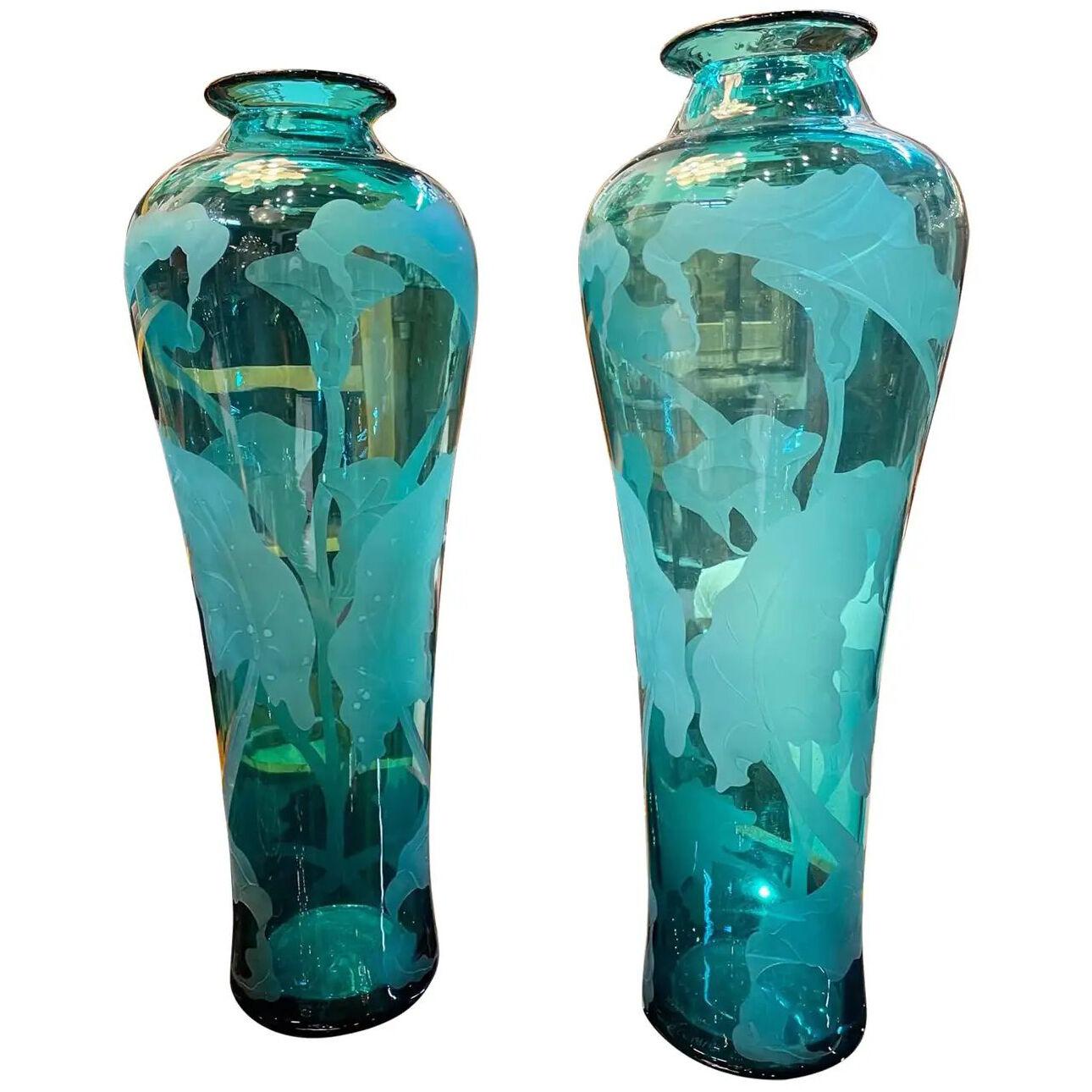 Pair of Vintage Large Scale Italian Green Glass Tulip Vases