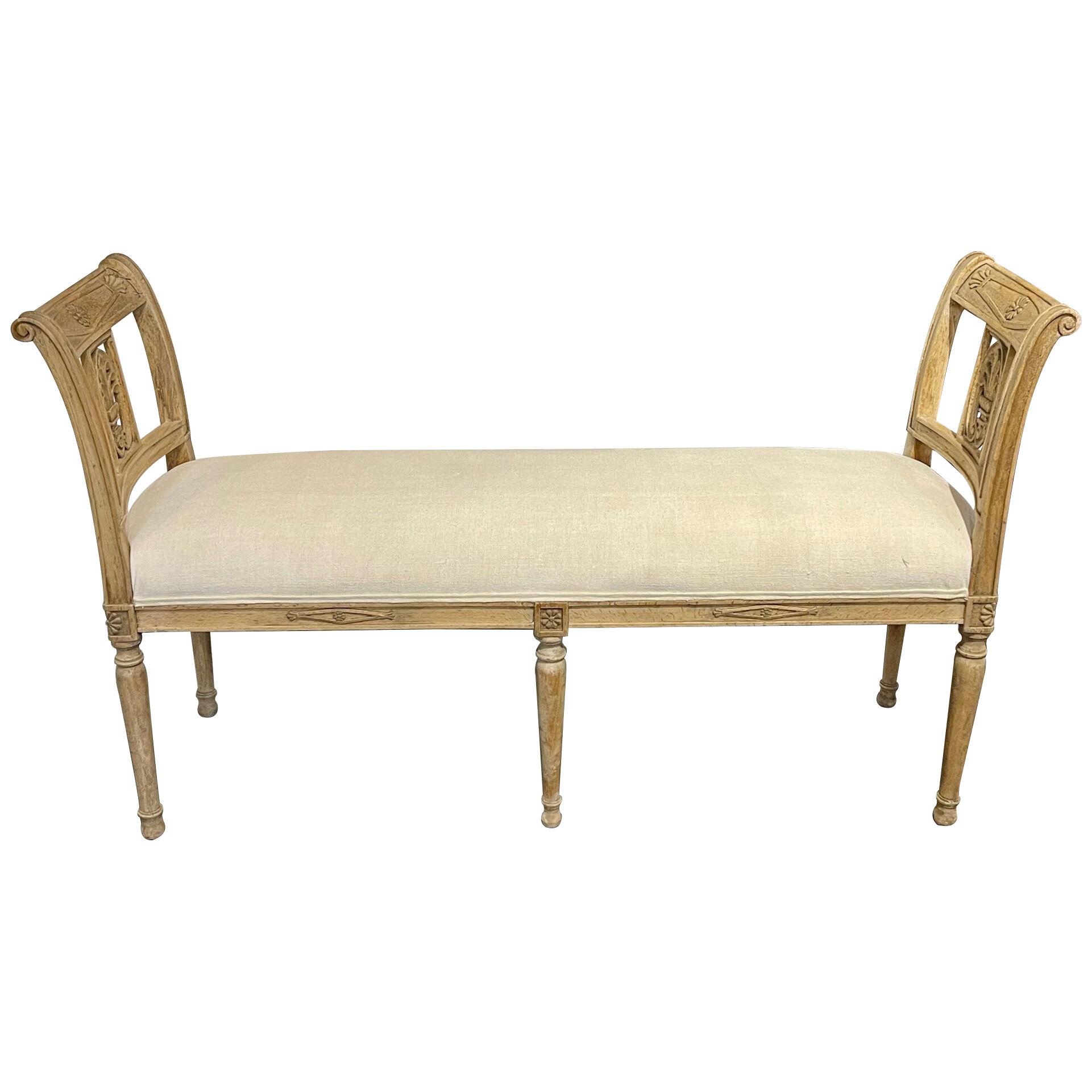 19th Century French Carved and Bleached Directoire Walnut Bench