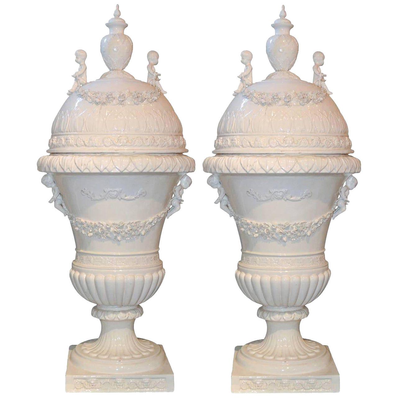 Antique Italian Glazed Porcelain Capped Urns