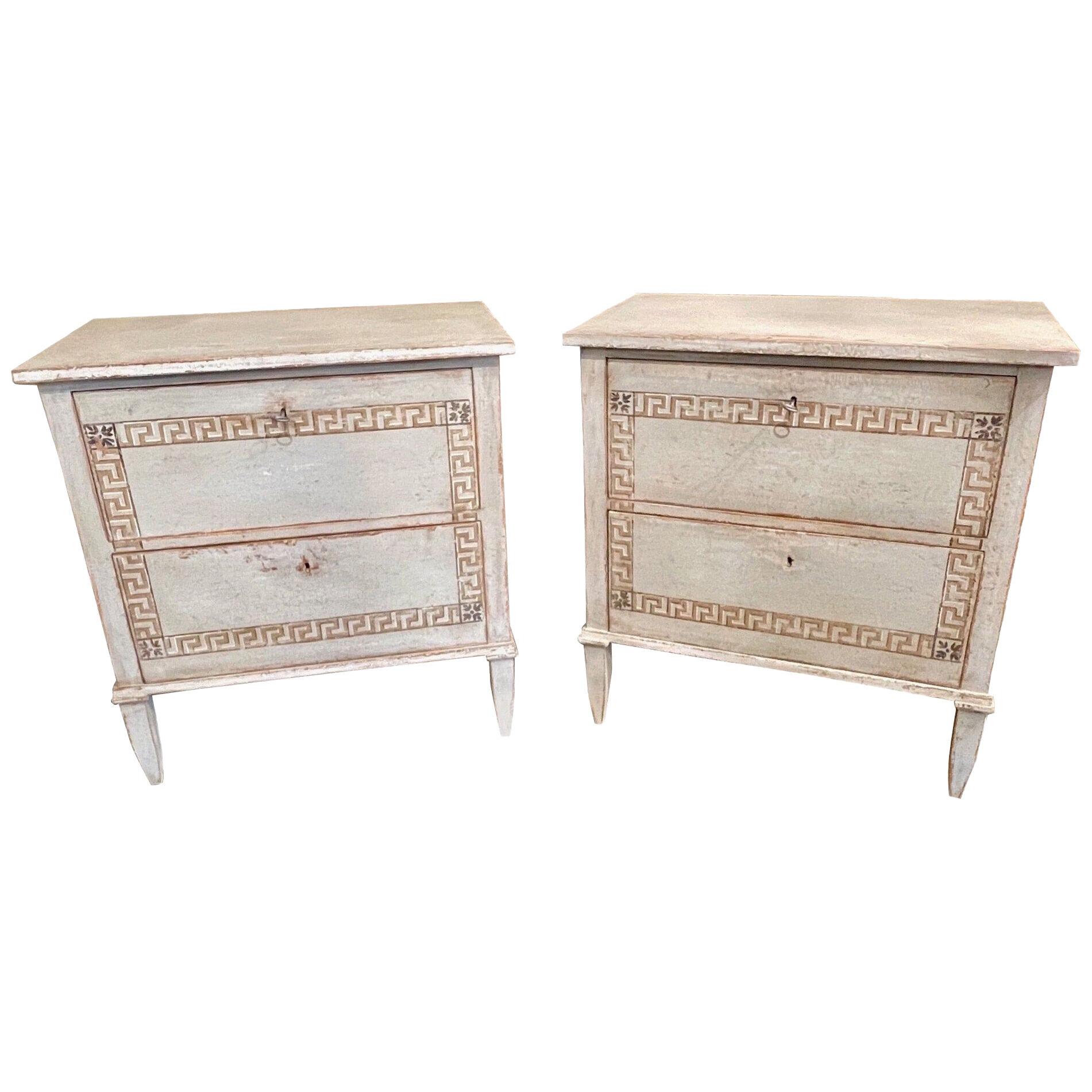 Pair of French Neo-Classical Bed Side Chests with Greek Key Design
