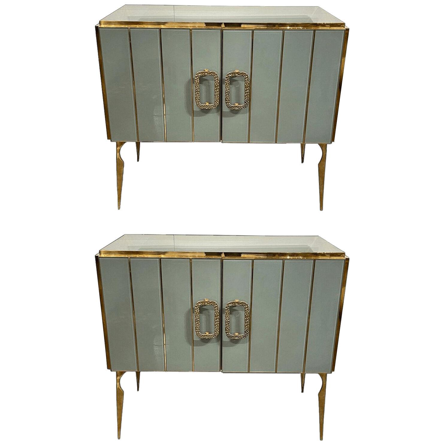 Murano Glass & Brass Side Cabinets - A Pair
