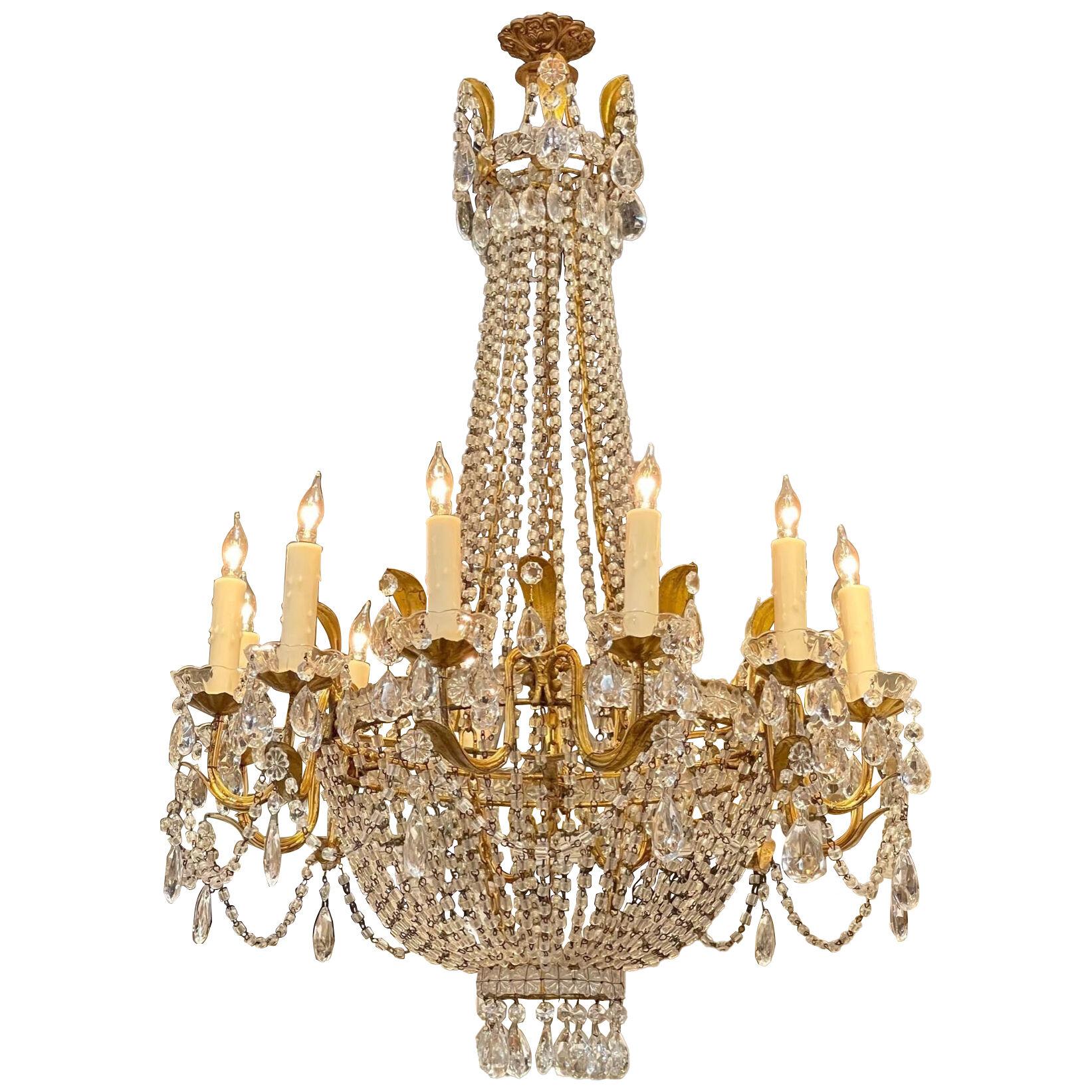 19th Century French Empire Style Gilt Metal and Crystal 12 Light Chandelier