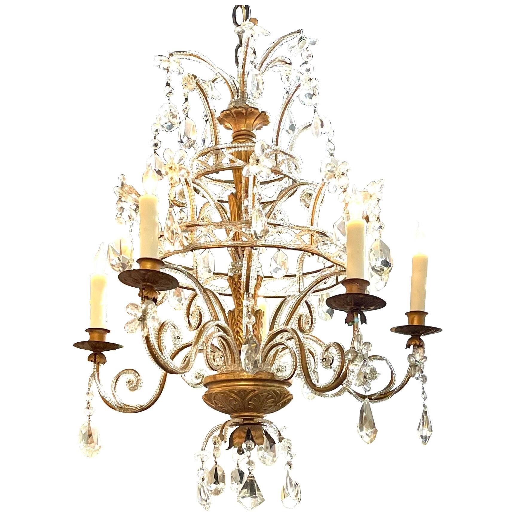 Vintage Italian Carved and Giltwood Beaded Crystal Chandelier