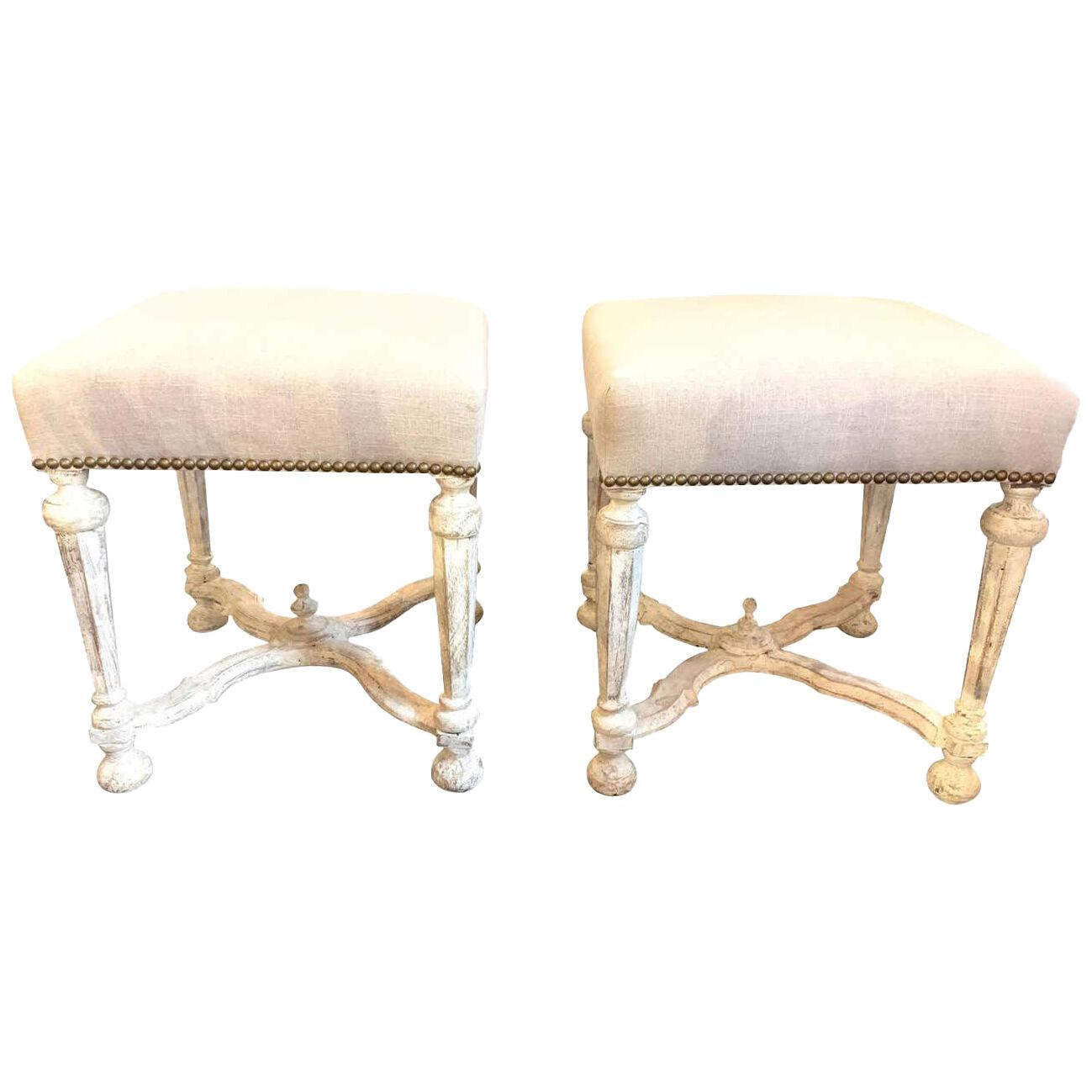 Pair of Continental Carved and Painted Upholstered Stools