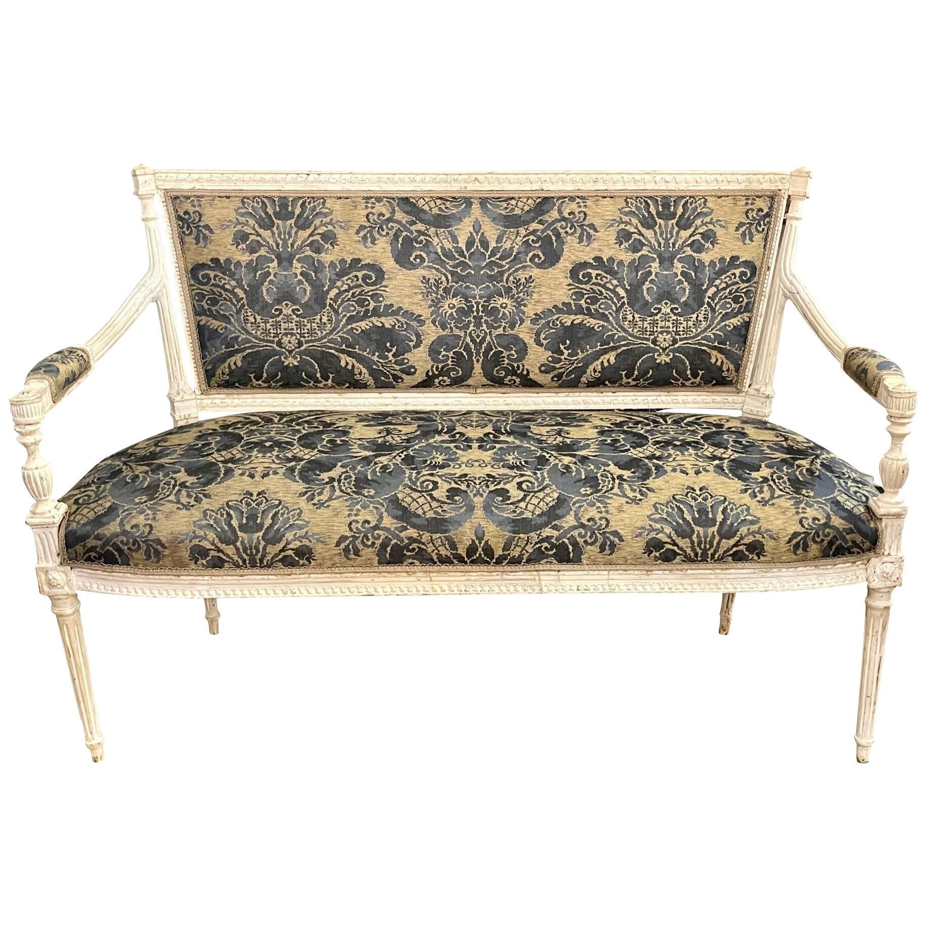 19th Century French Louis XVI Style Carved and Painted Settee