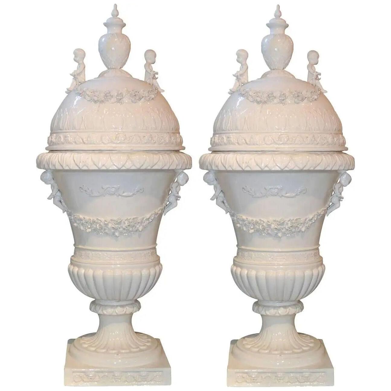 Great Pair of Italian Glazed Porcelain Capped Urns