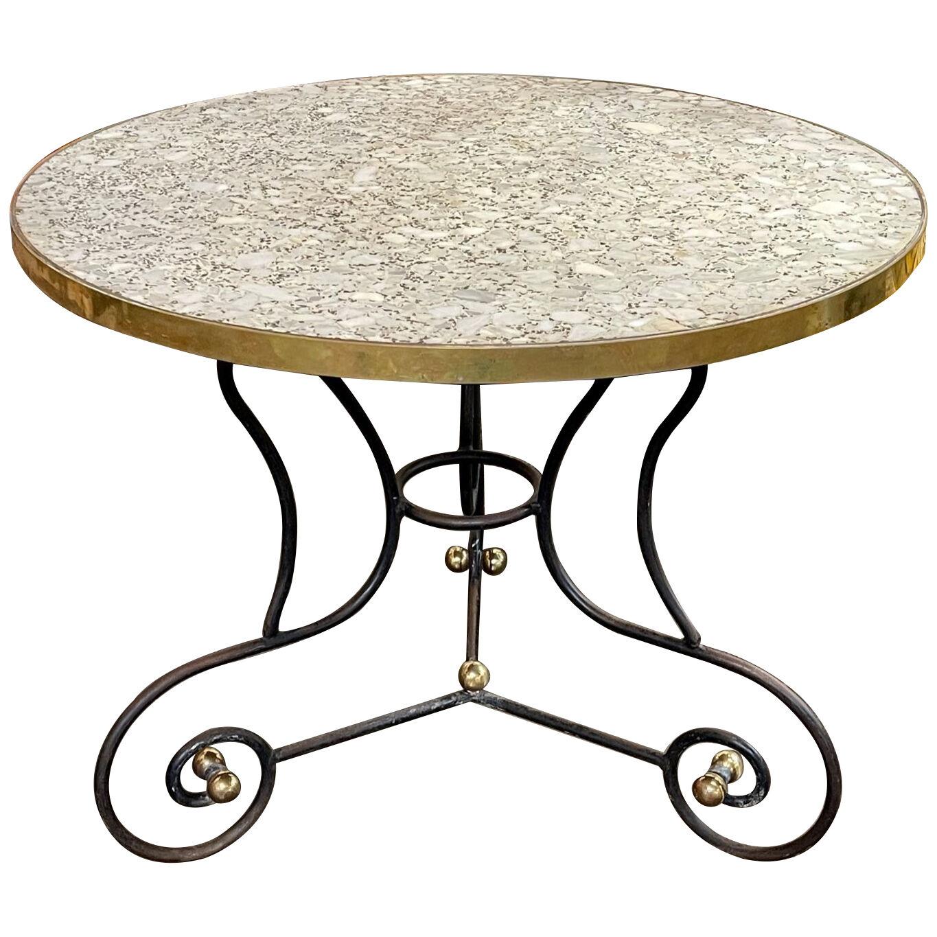 Vintage French Steel and Brass Bistro Table with Granite Top