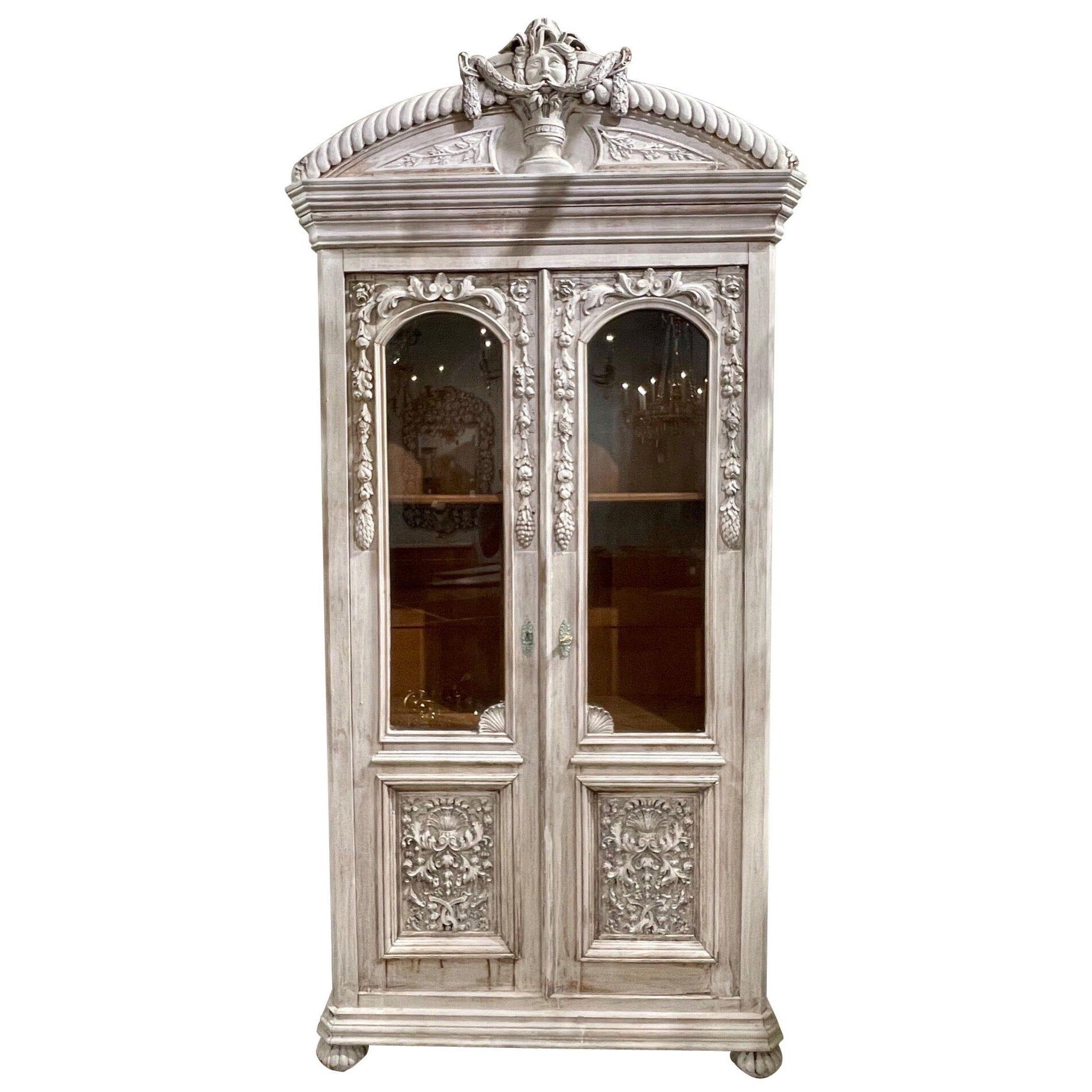 19th Century French Carved and White Washed Oak Cabinet