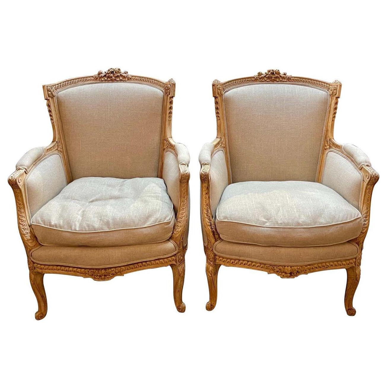 Pair of 19th Century French Carved and Bleached Oak Armchairs