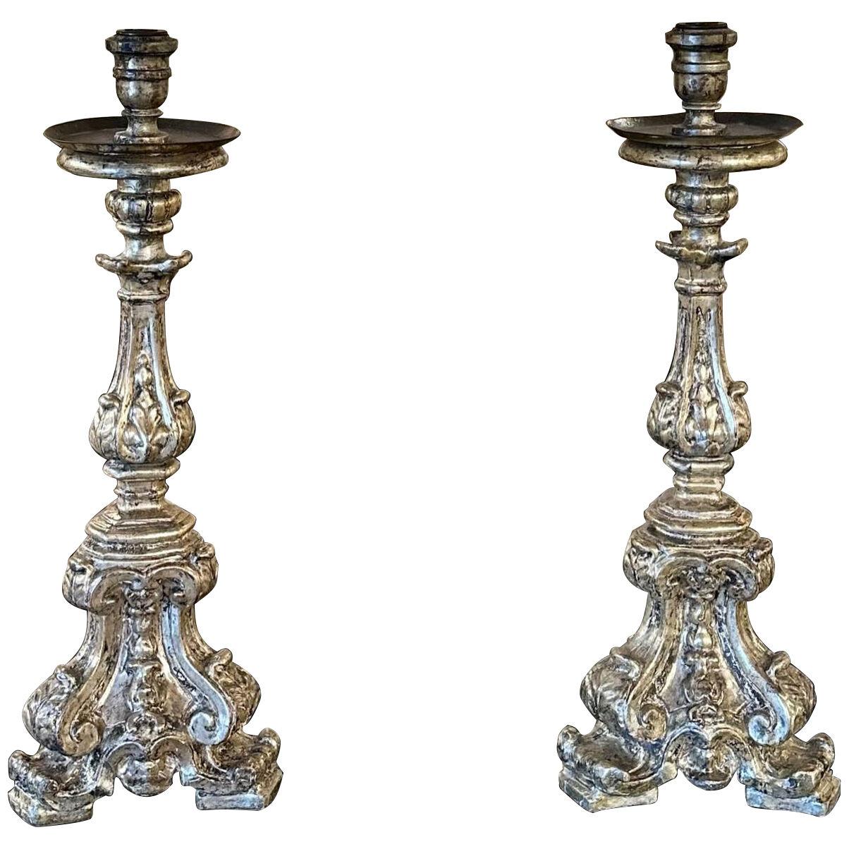 Pair of 19th Century Italian Carved and Silver Gilt Altar Stick Lamps