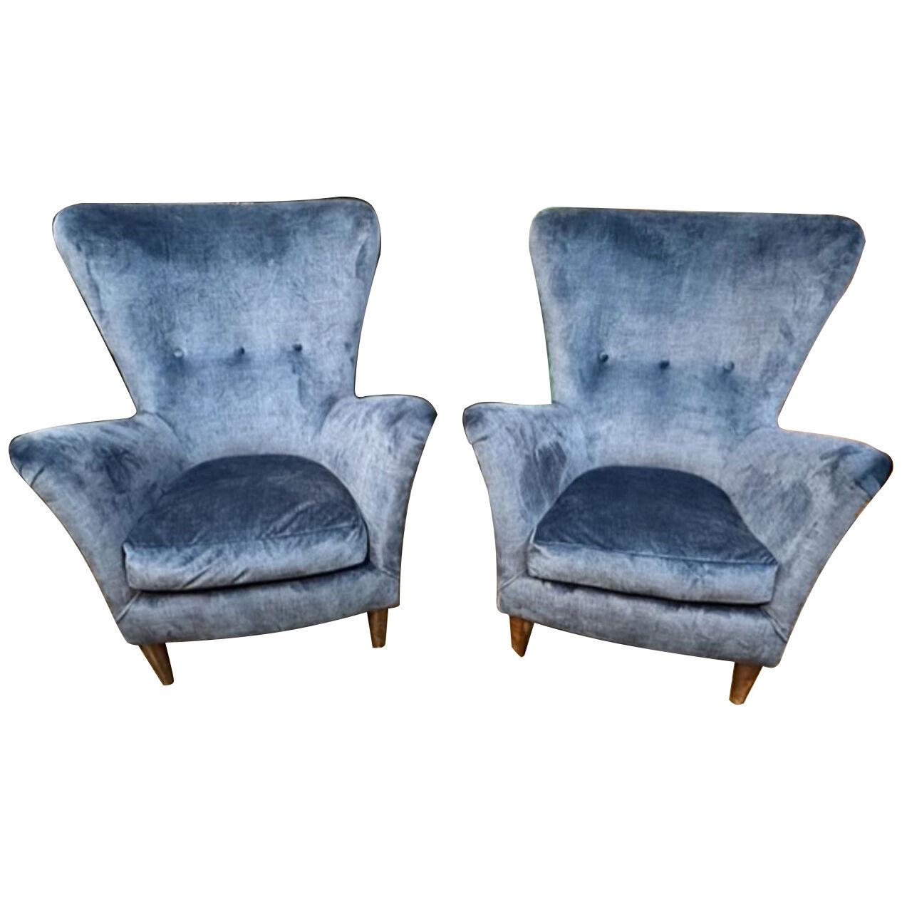 Pair of Italian MCM Velvet Upholstered Club Chairs