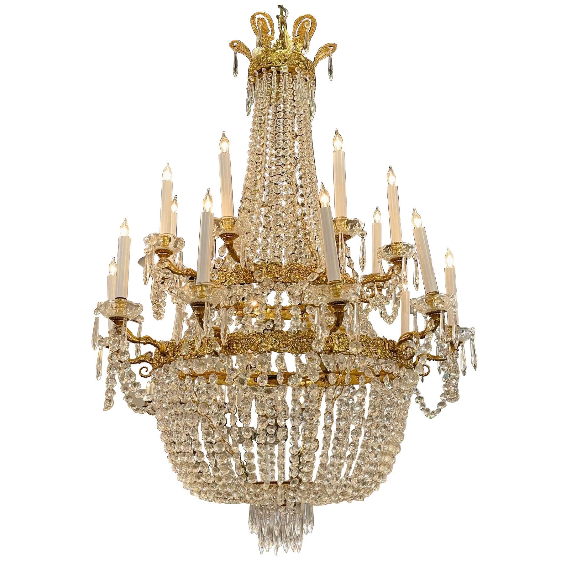 French Empire Style Gilt Brass and Crystal Basket Chandelier with 18 Lights