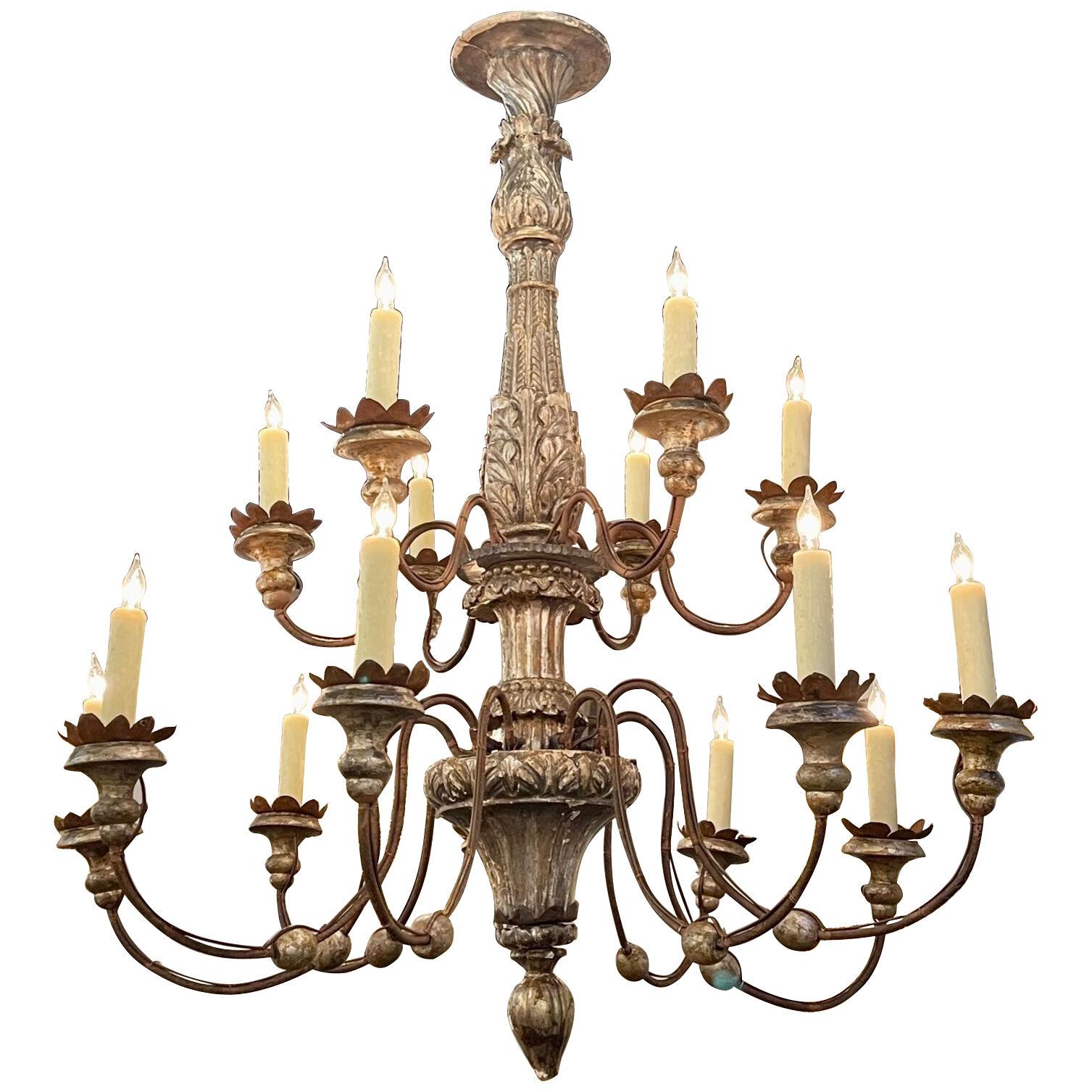 19th Century Italian Silver Giltwood Chandelier with Iron Arms