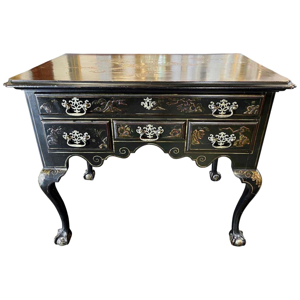 19th Century Chippendale Black Lacquered Lowboy with Chinoiserie