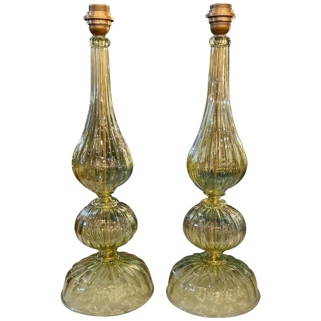 Pair of Modern Murano Green Glass Lamps