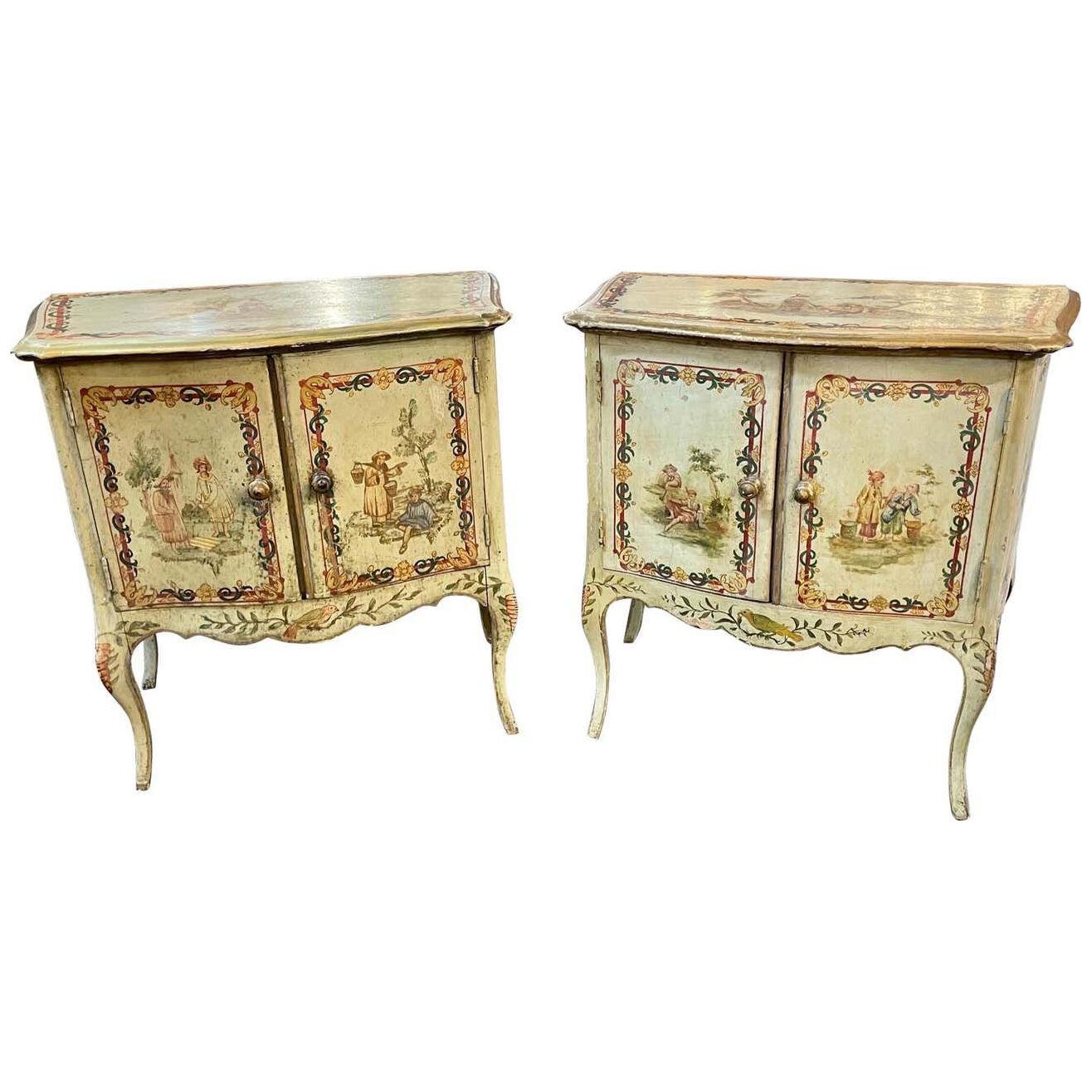Antique pair of Italian Chinoiserie Decorated Bedside Tables