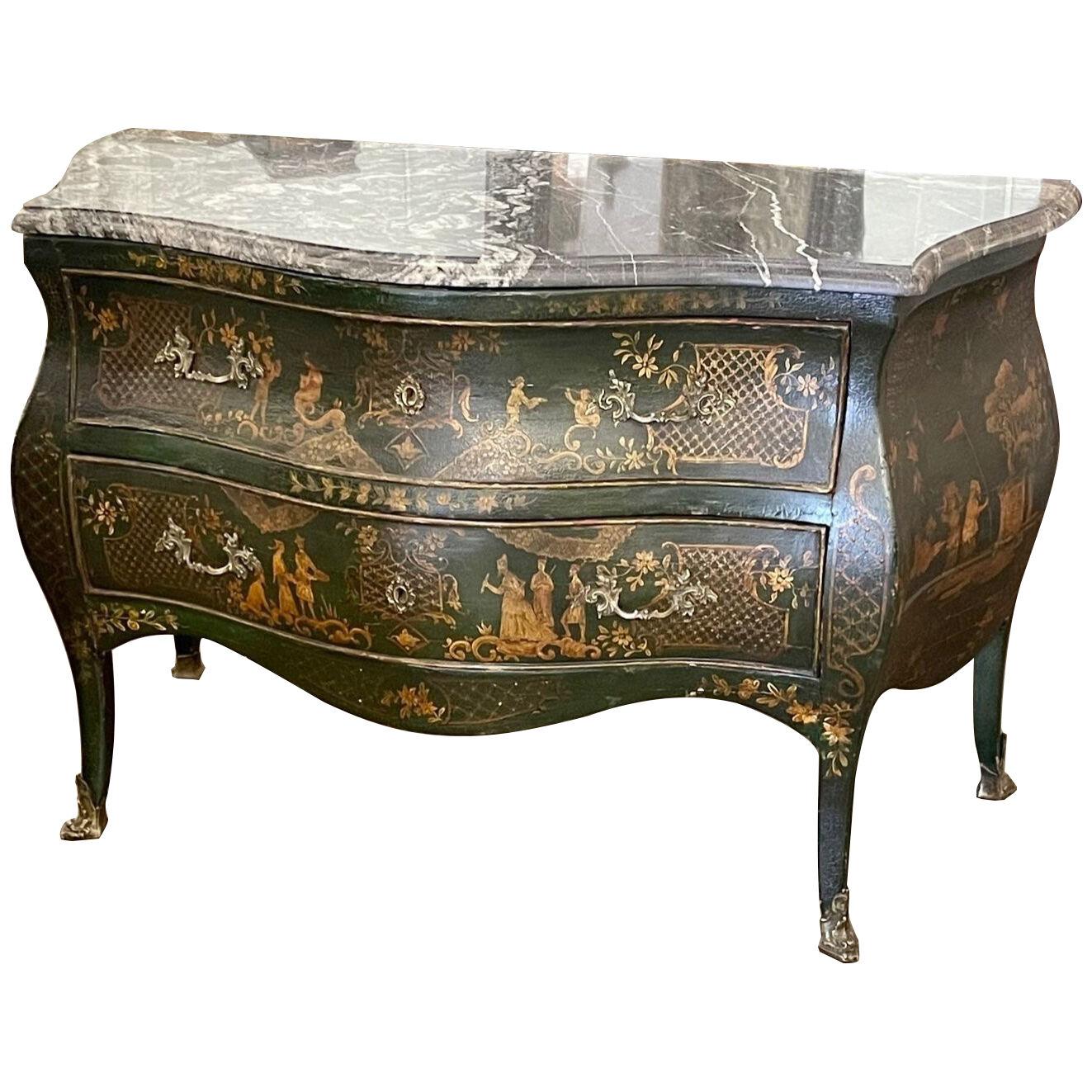 19th Century English Bombe Shaped Chinoiserie Marble Top Commode