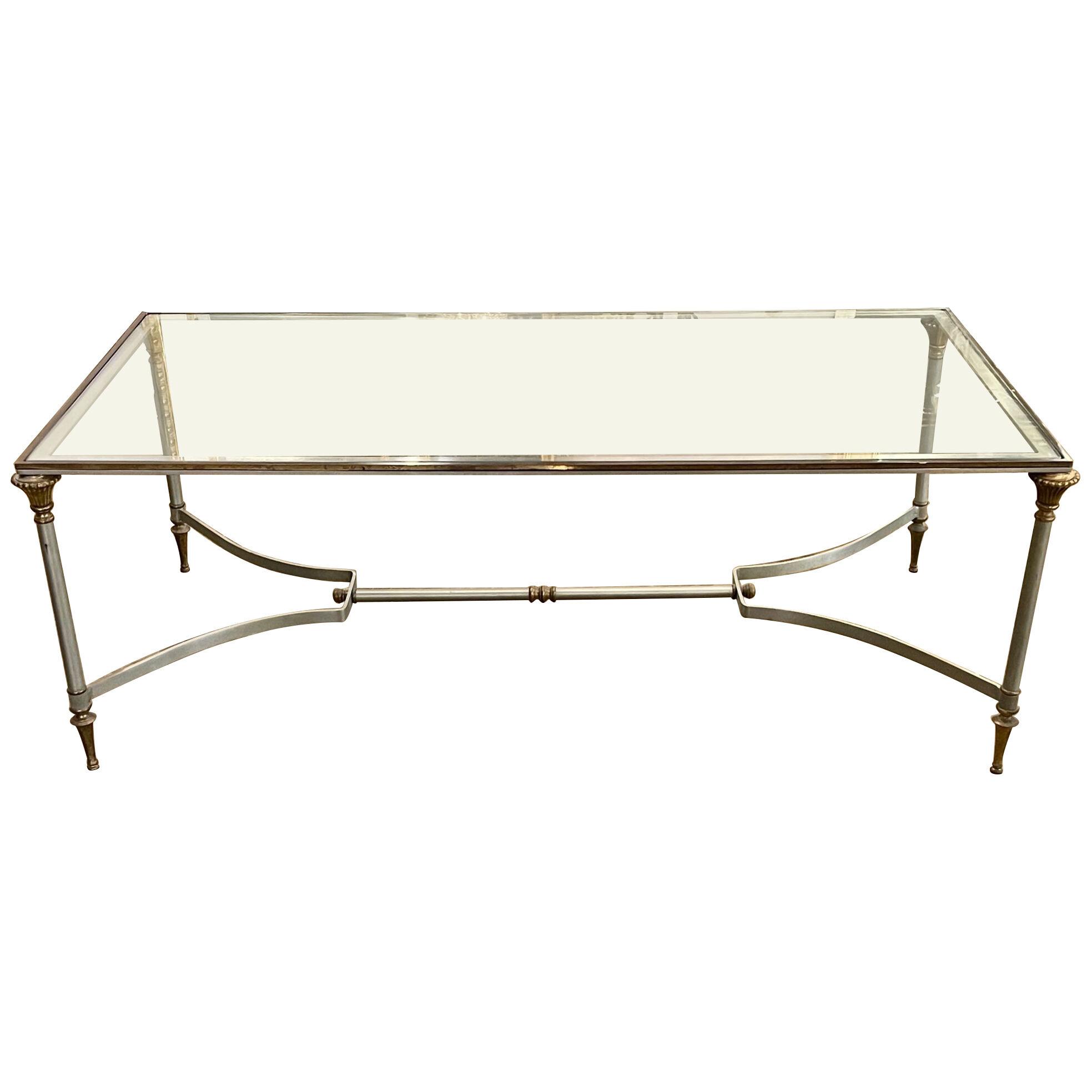 Mid Century French Jansen Style Steel and Brass Coffee Table