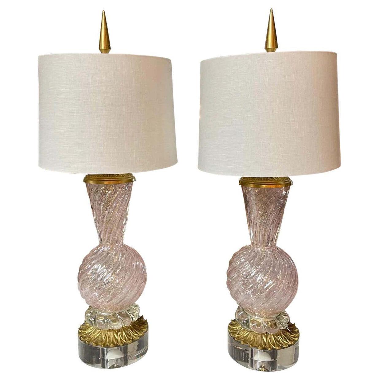 Pair of Vintage Pink Murano Glass Lamps