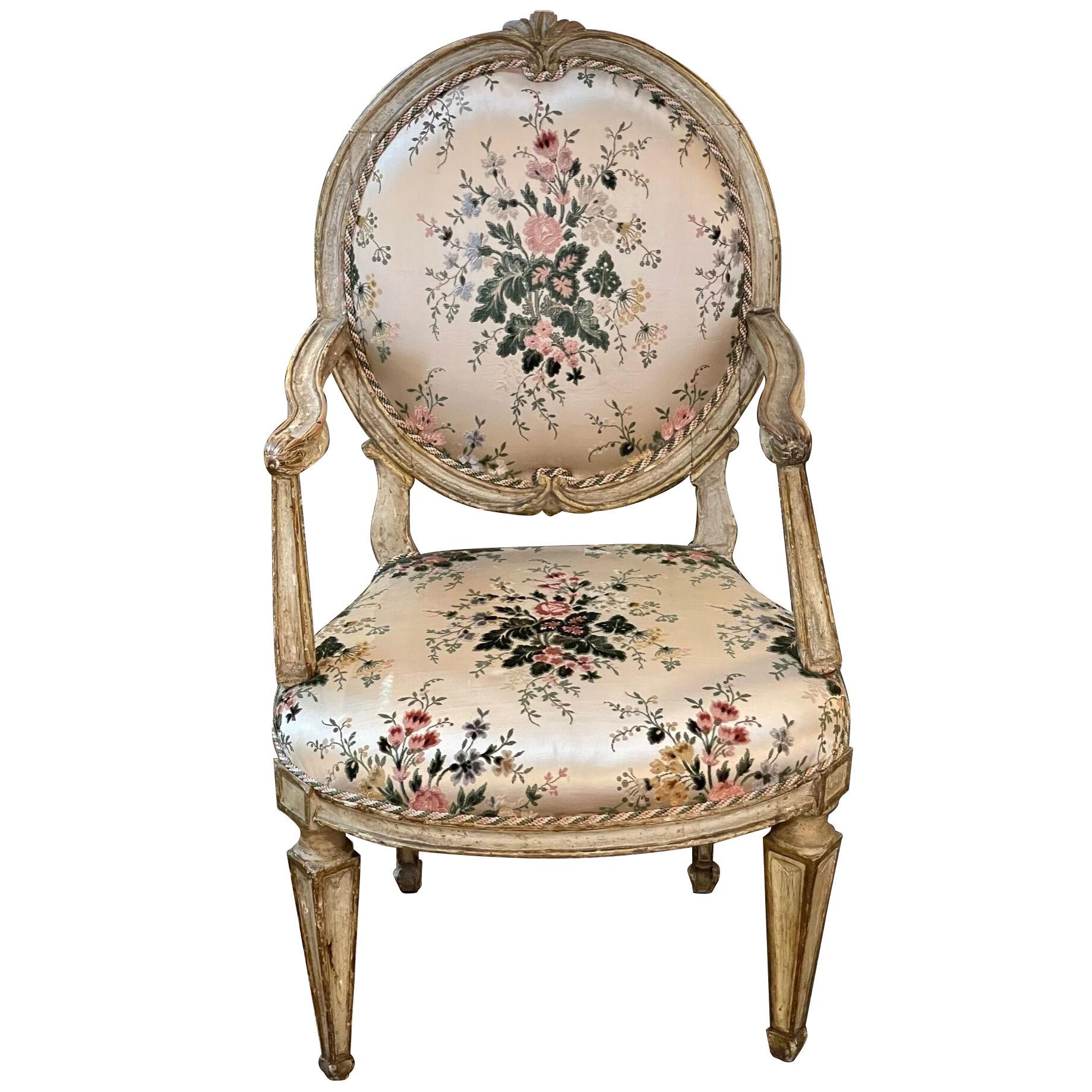 18th Century Italian Carved and Painted Armchair with Floral Upholstery