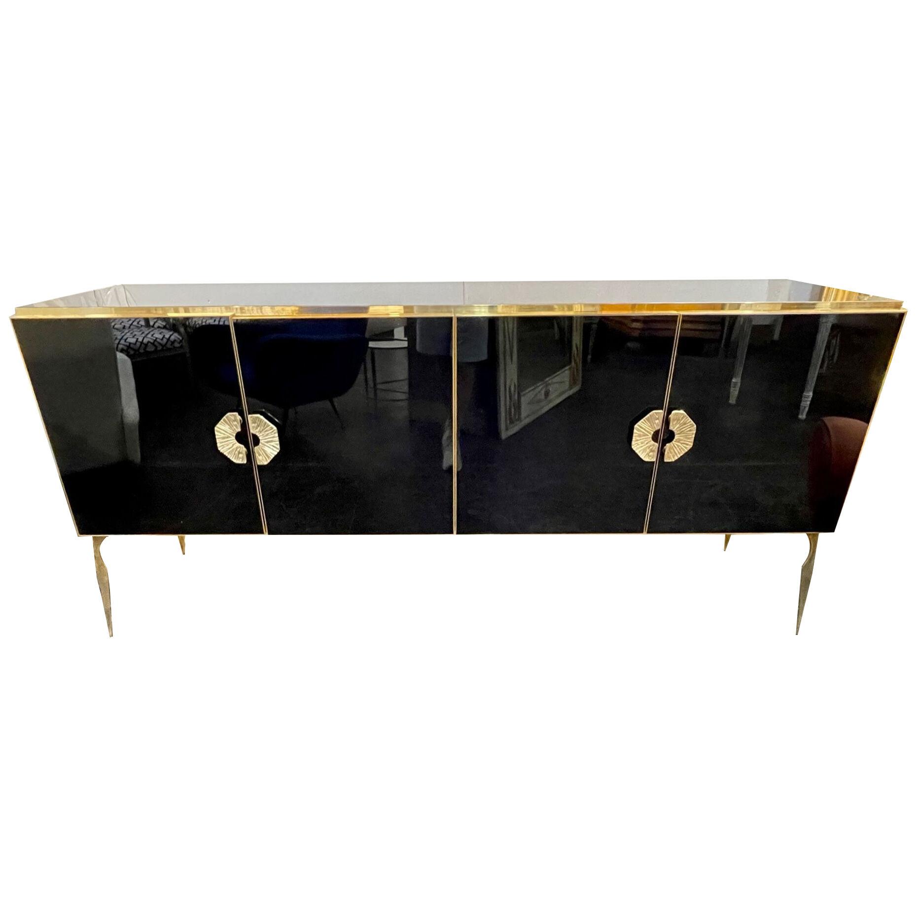 Modern Black Murano Glass and Polished Brass Sideboard