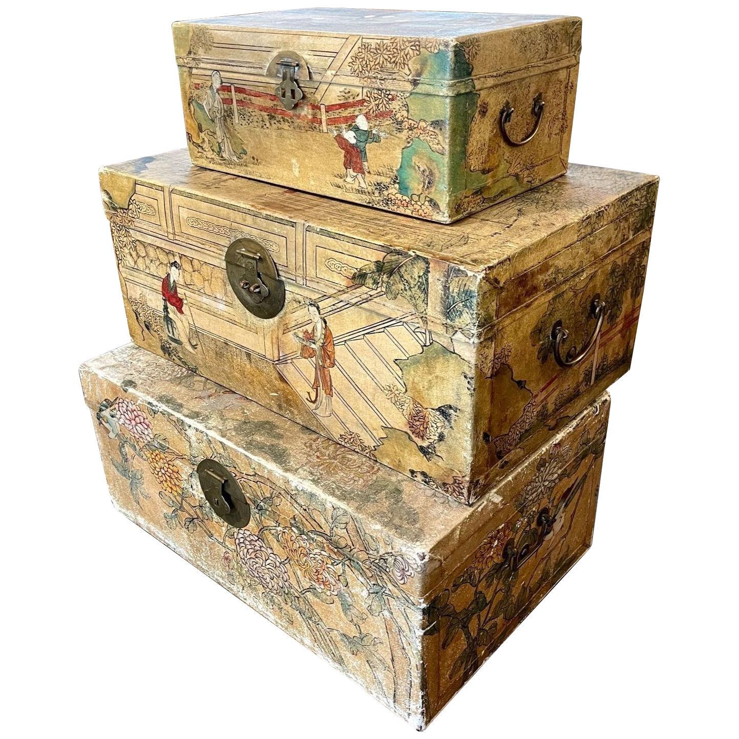 Set of Vintage Chinese Painted Vellum Wedding Boxes
