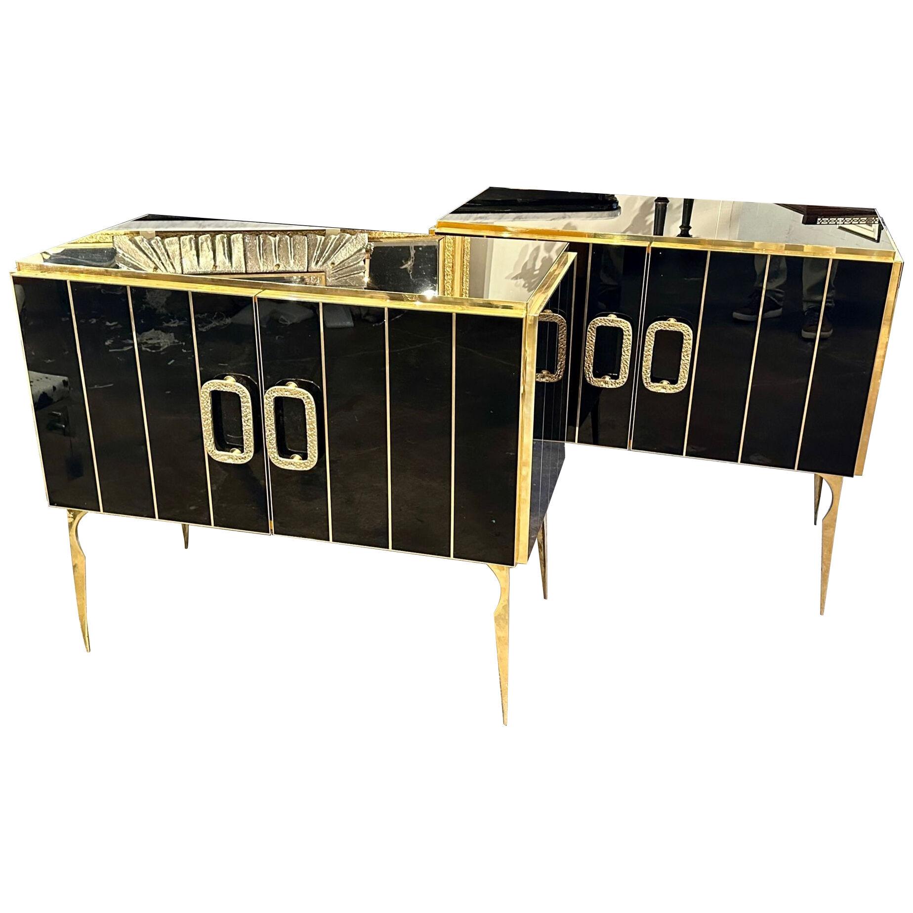 Murano Black Glass and Brass Side Cabinet