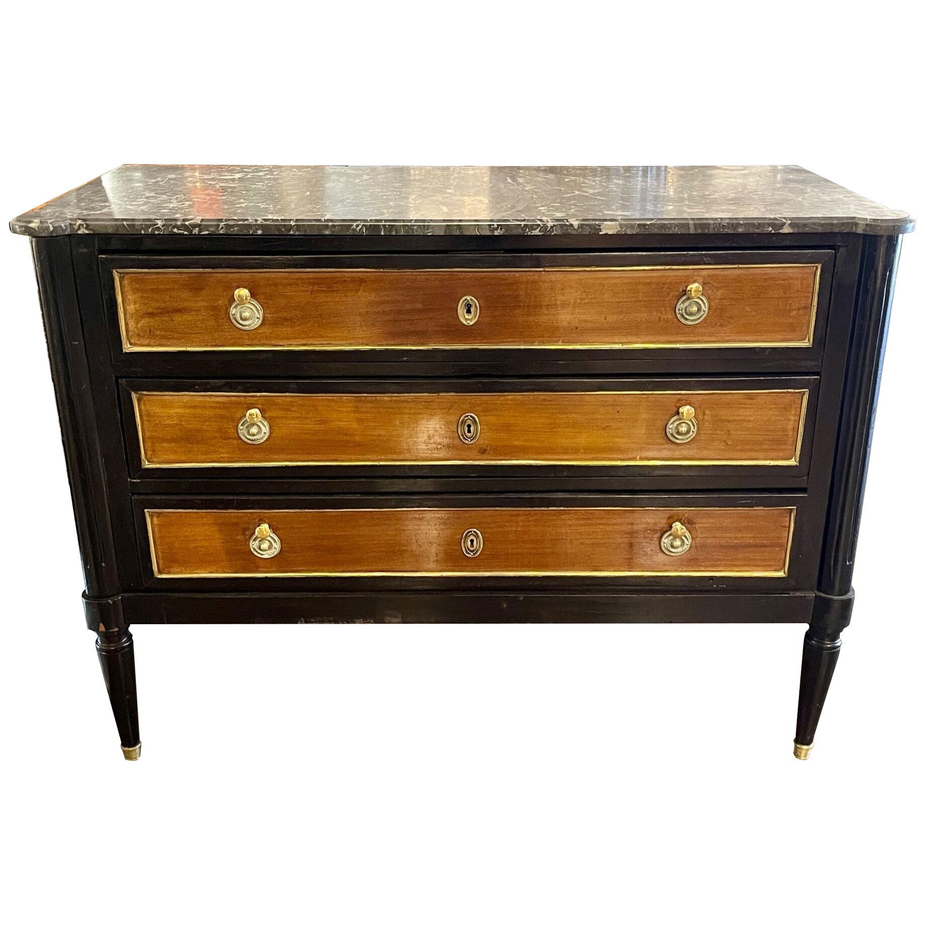 Vintage French Jansen Walnut and Black Lacquered Louis XVI Style Commode