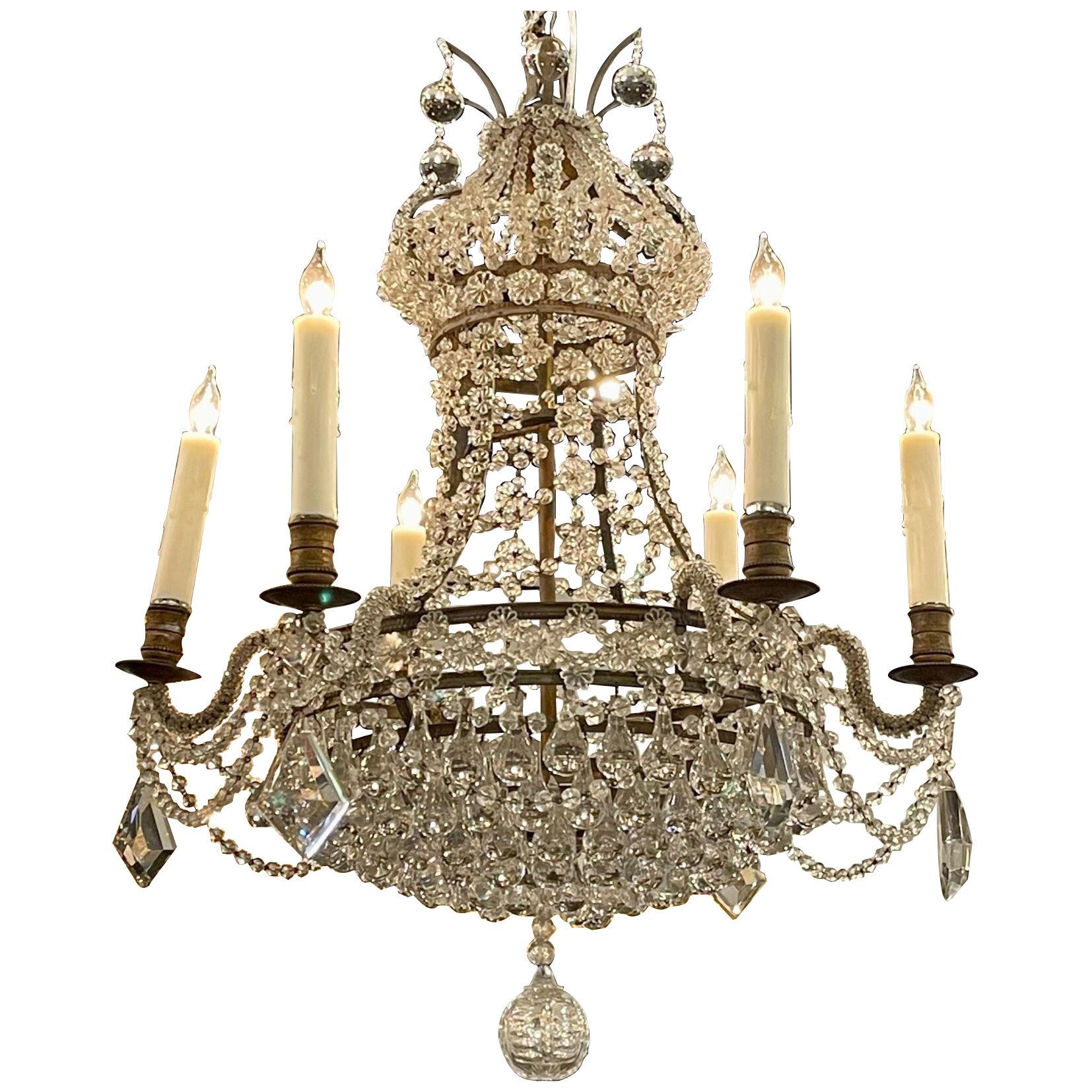 Vintage French Bagues Manner Bronze and Beaded 6 Light Chandelier