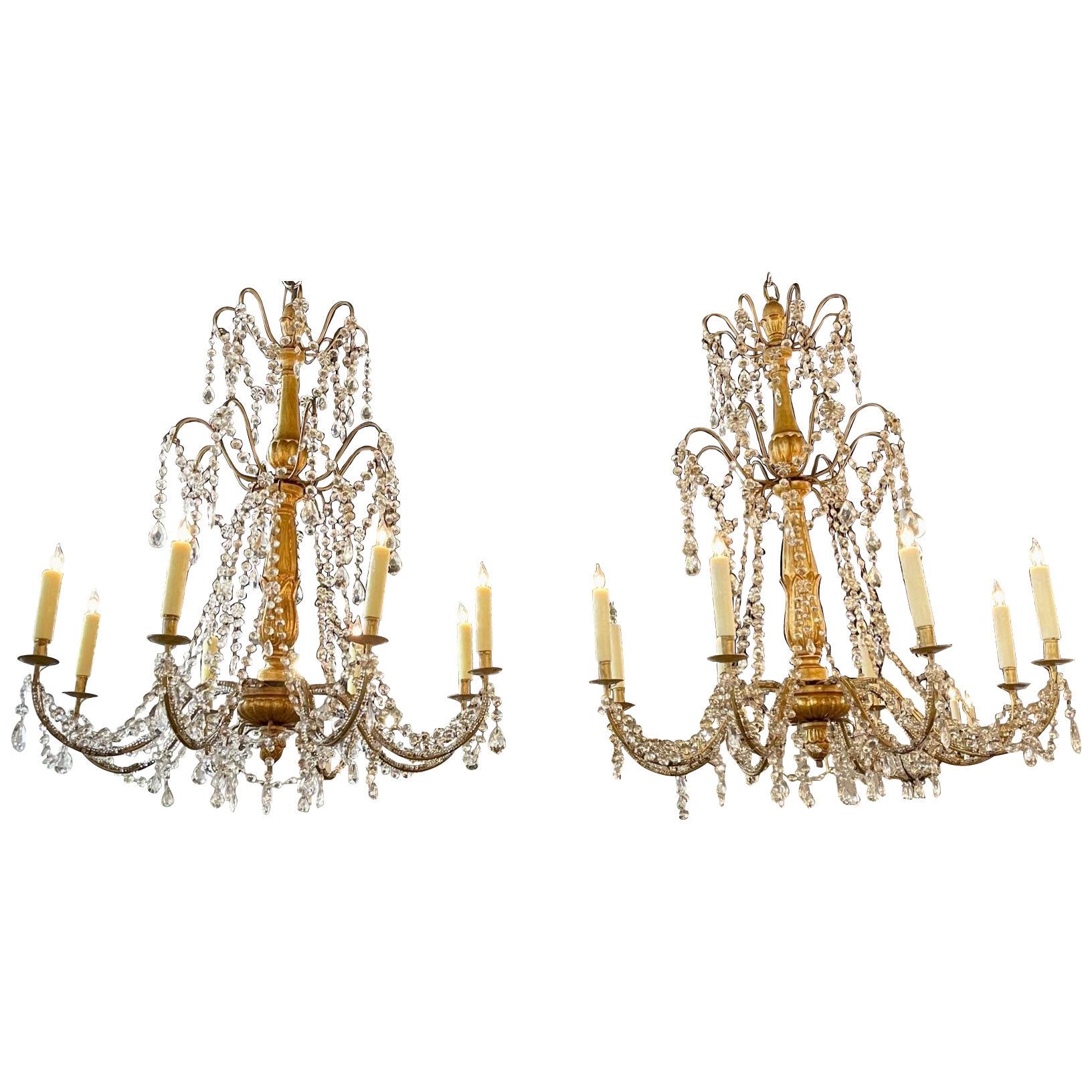 Pair of 19th Century Italian Giltwood and Crystal Chandeliers