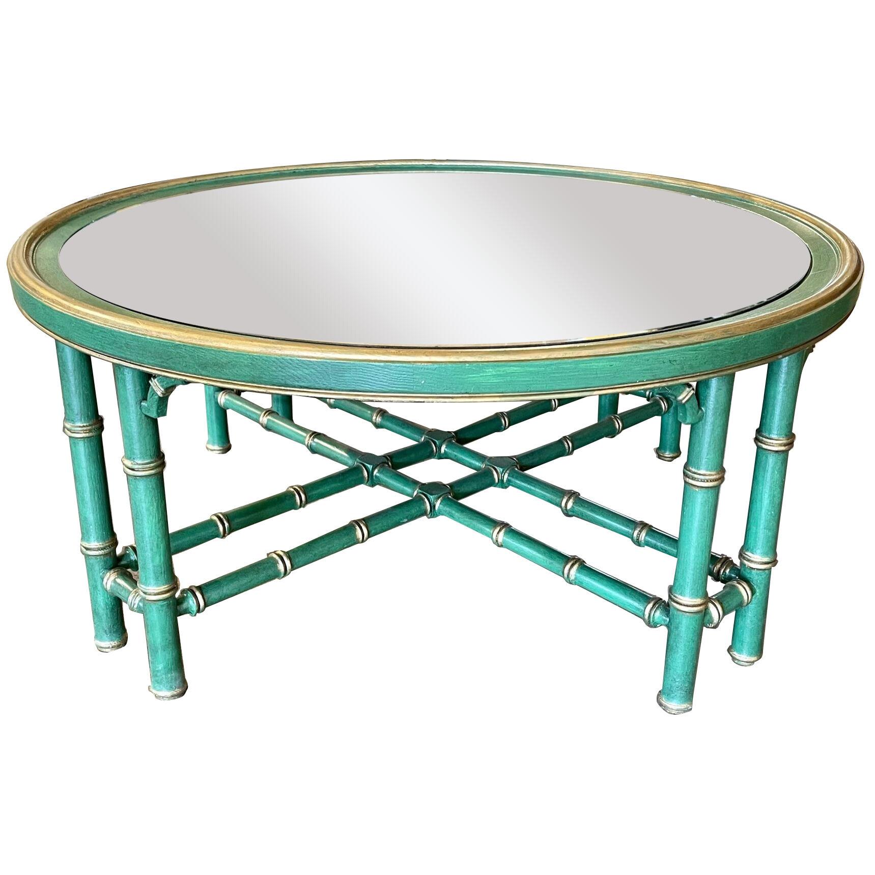 Vintage Italian Painted Bamboo Form Coffee Table with Mirrored Top