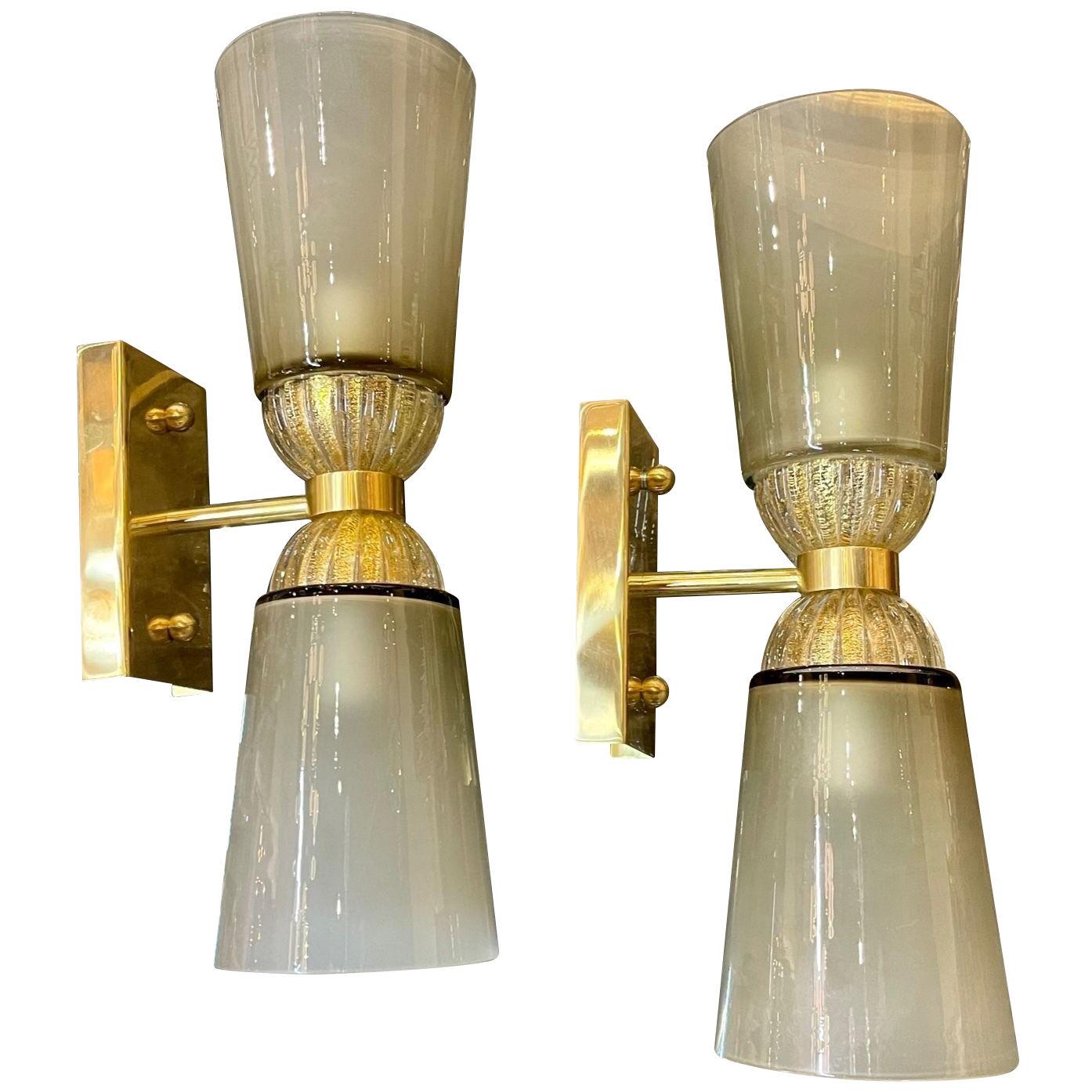Pair of Modern Murano Glass and Brass Double Blown Sconces