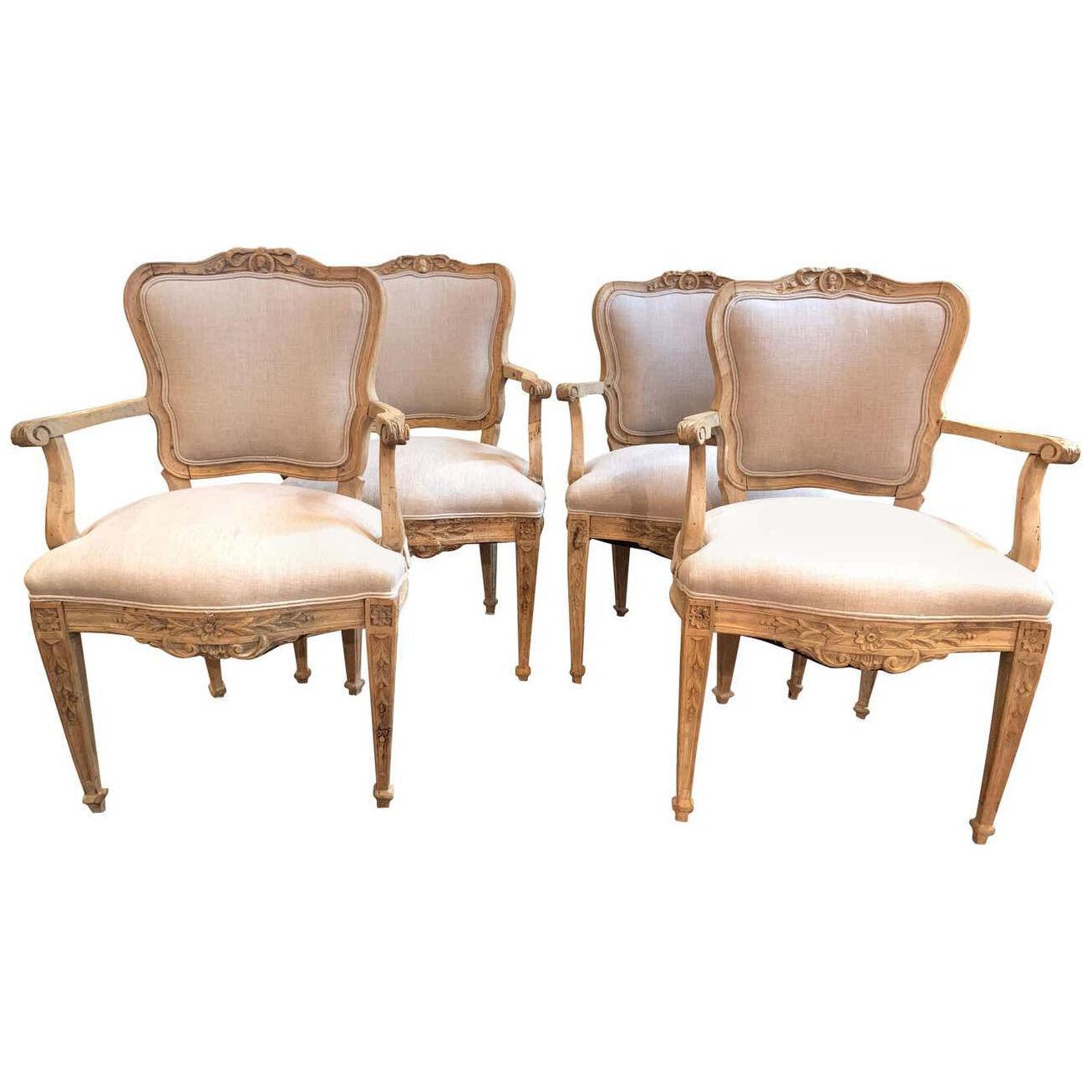 Set of 4 18th Century French Armchairs Made of Bleached Walnut