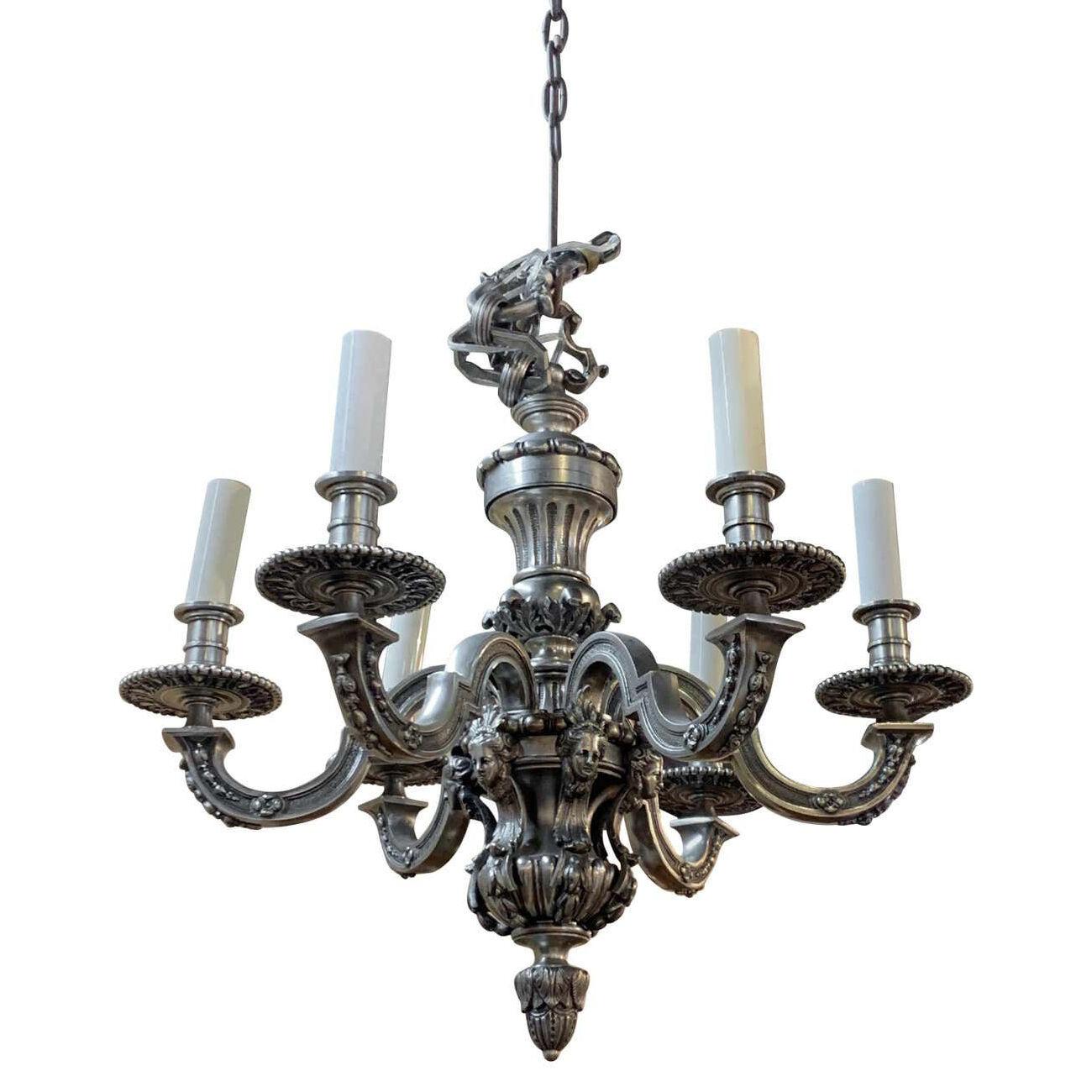 French Renaissance Style Silvered Bronze 6-Light Chandelier