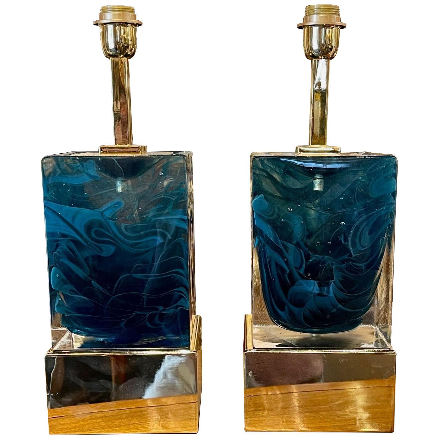 Modern Blue Murano Glass Block Lamps on Brass Base