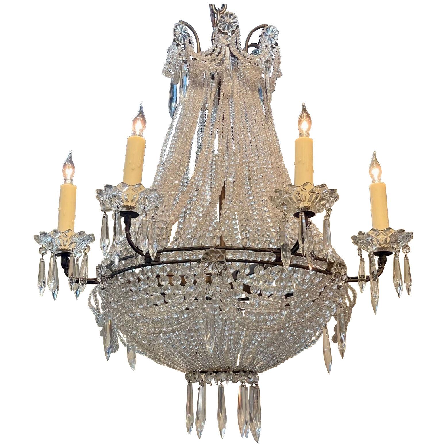 French Beaded Crystal Basket Chandelier