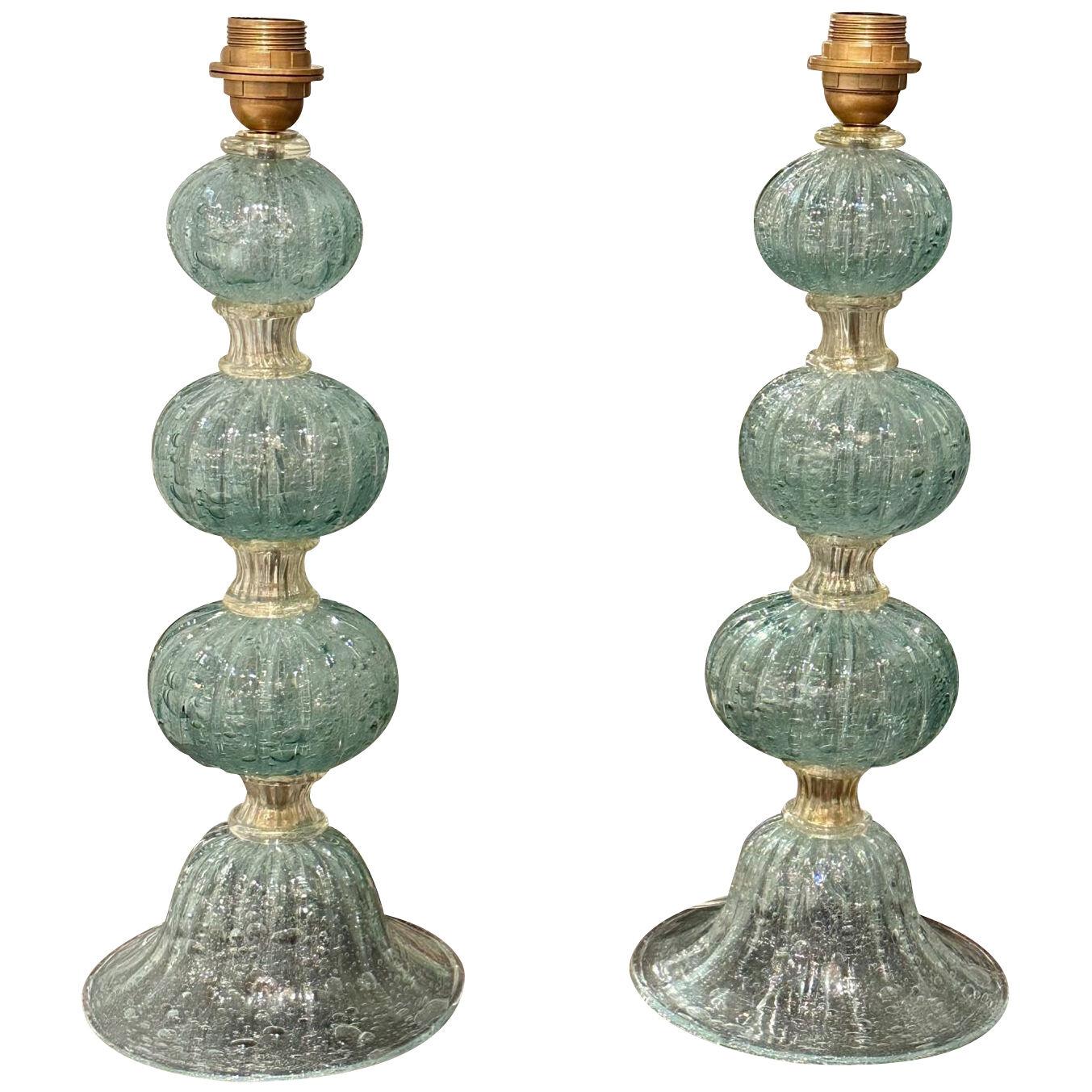 Pair of Murano Glass Aqua Ball Form Lamps