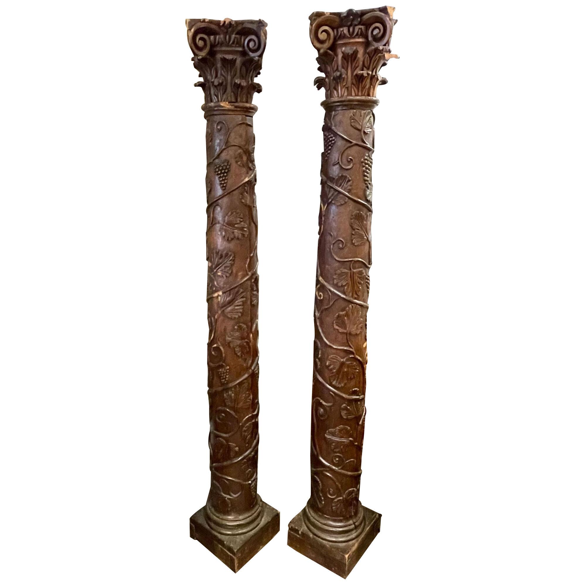 Pair of 18th Century Italian Carved Walnut Columns