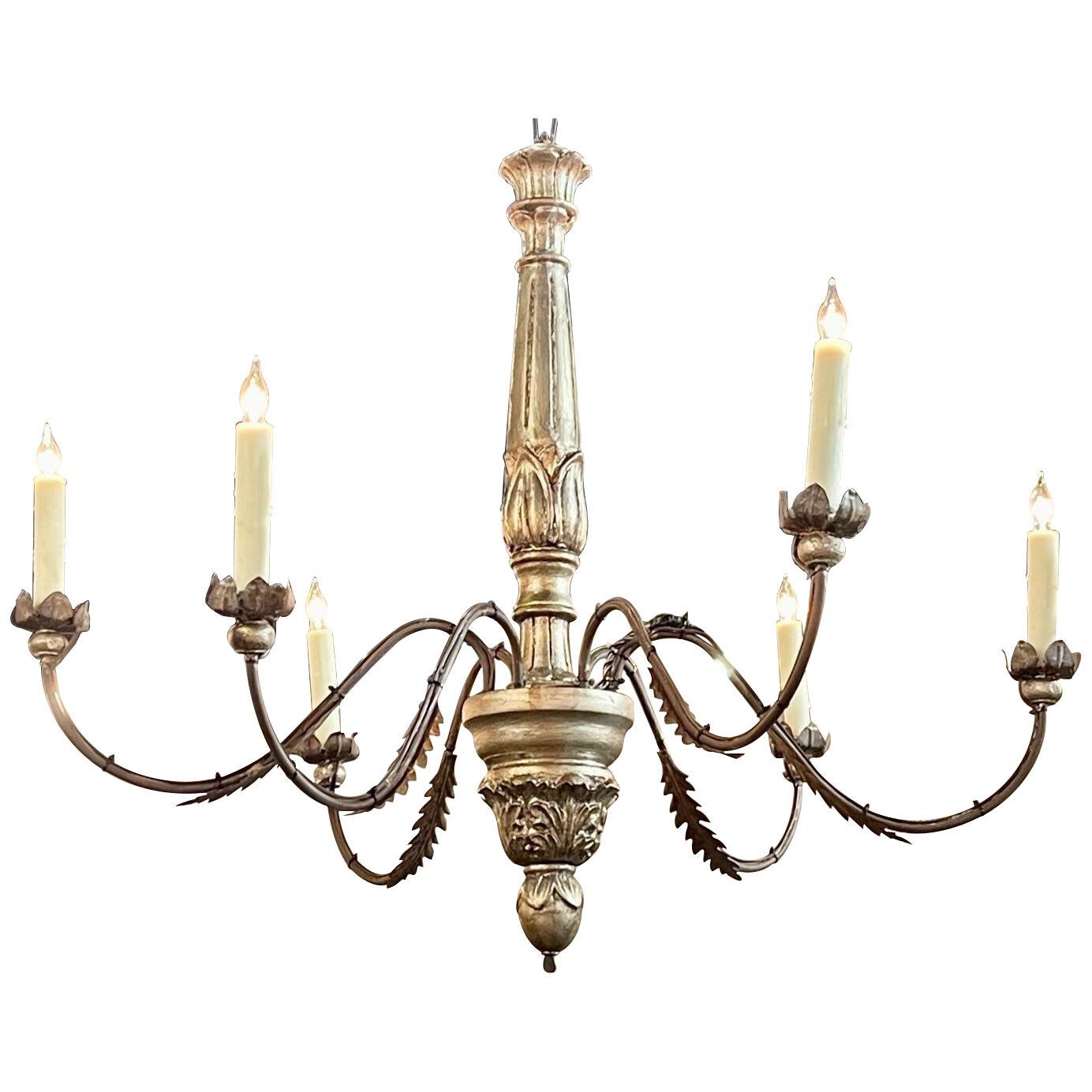 Italian Carved and Silver Gilt Wood Chandelier with 6 Lights
