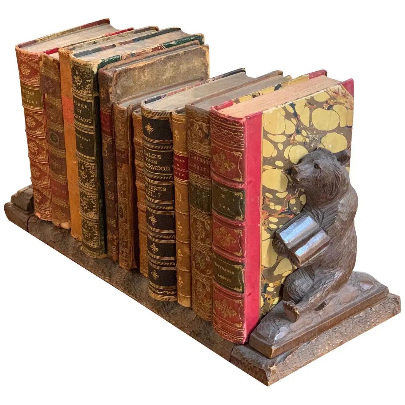 19th Century Swiss Black Forest Book Ends with 11 Antique Books