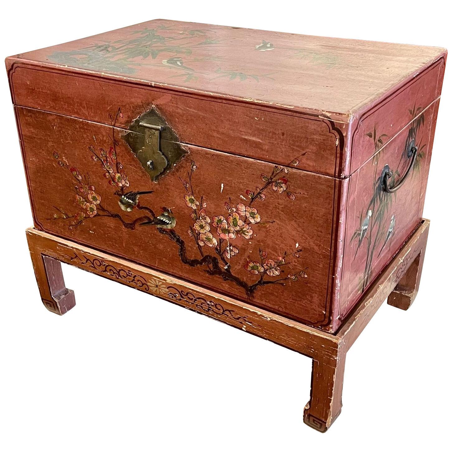 Vintage Chinese Hand Painted Trunk on Stand
