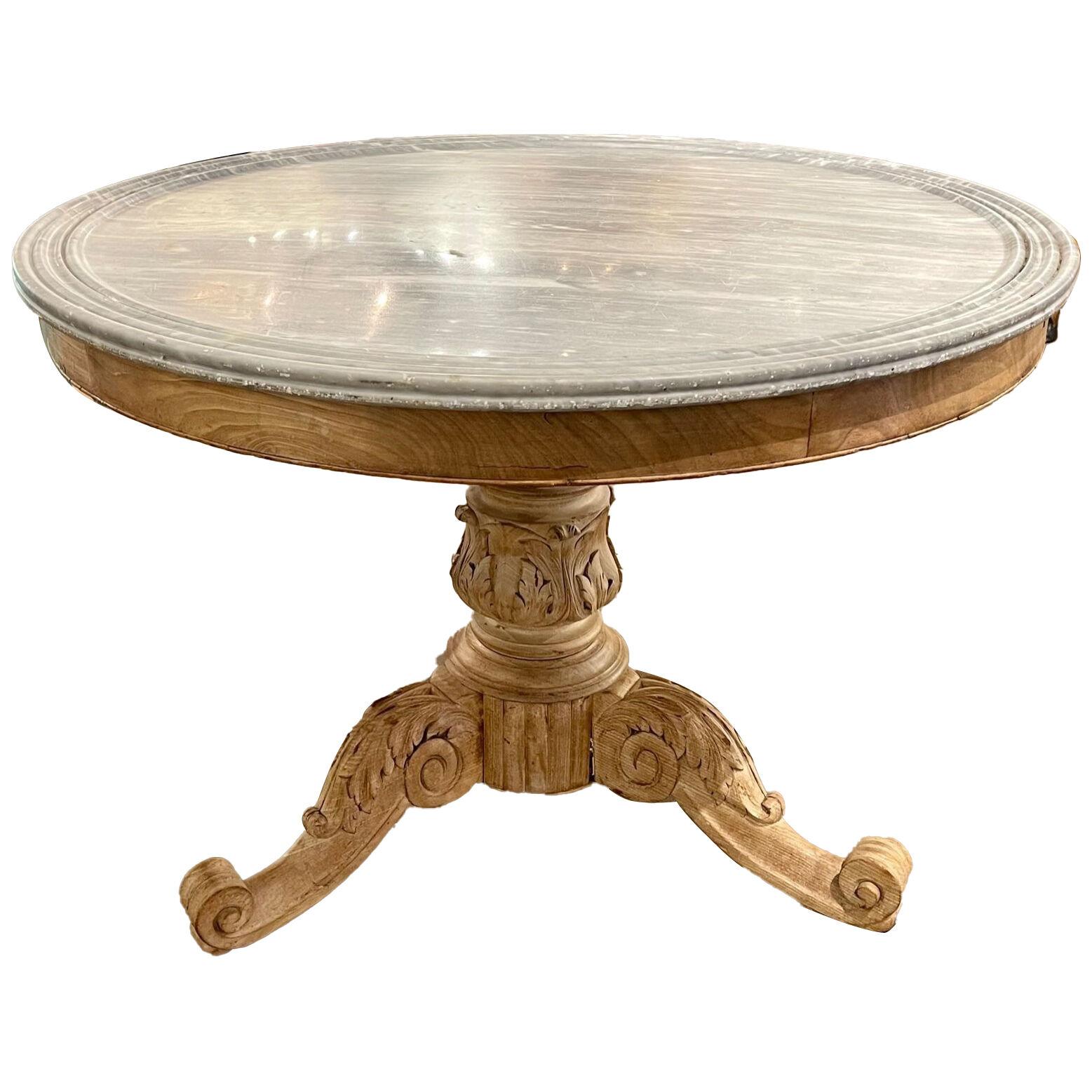 19th Century French Carved and Bleached Walnut and Marble Center Table