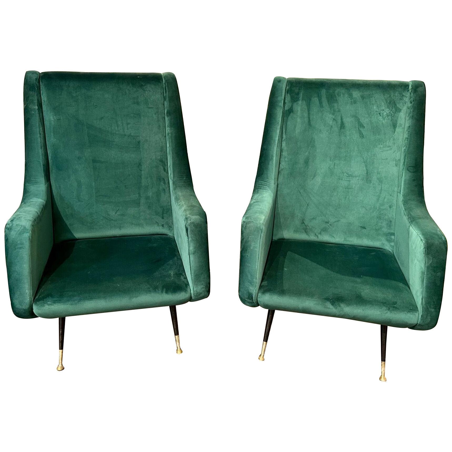 Pair of Italian Green Velvet Mid Century Modern Chairs