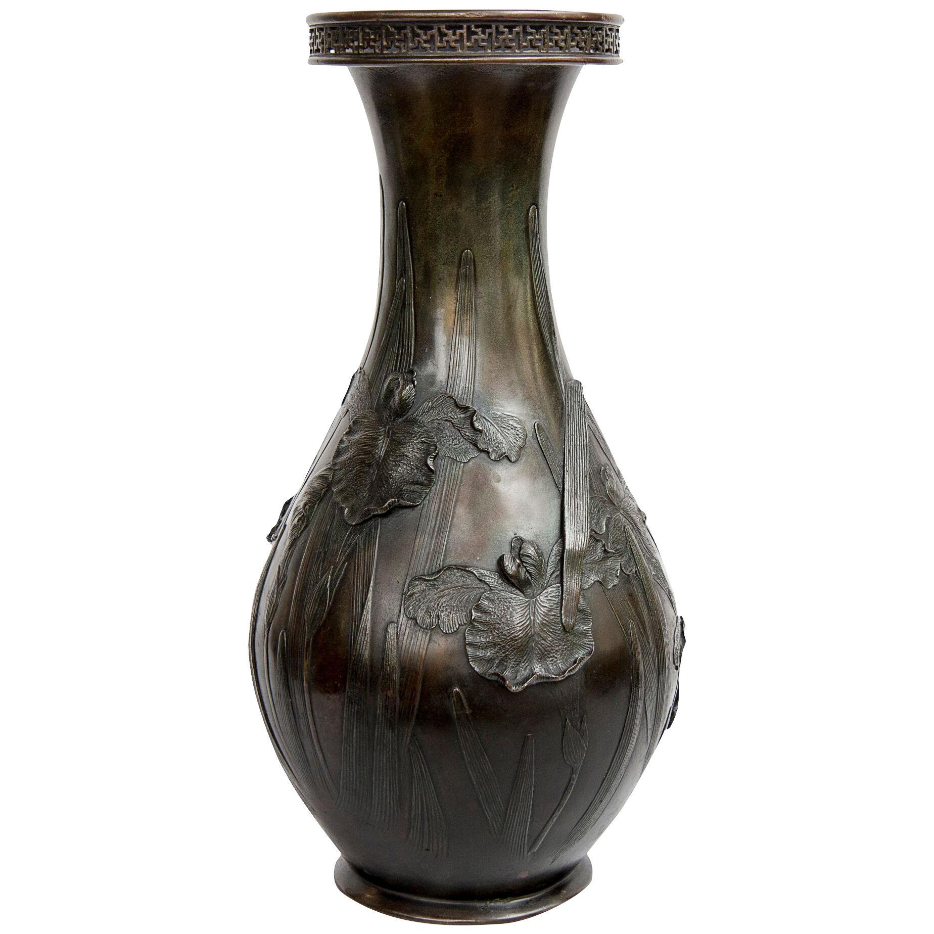 Japanese bronze vase with irises by Kakuha Kanzaemon IX