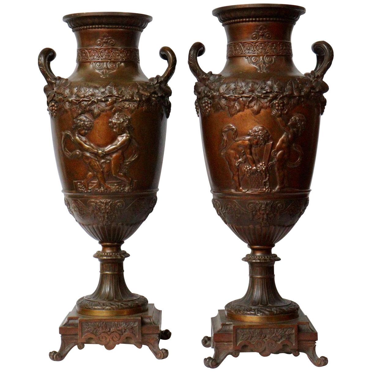 "Les Enfants de Bacchus" a French 19th Century Pair of Neo-Greek Bronze Vases